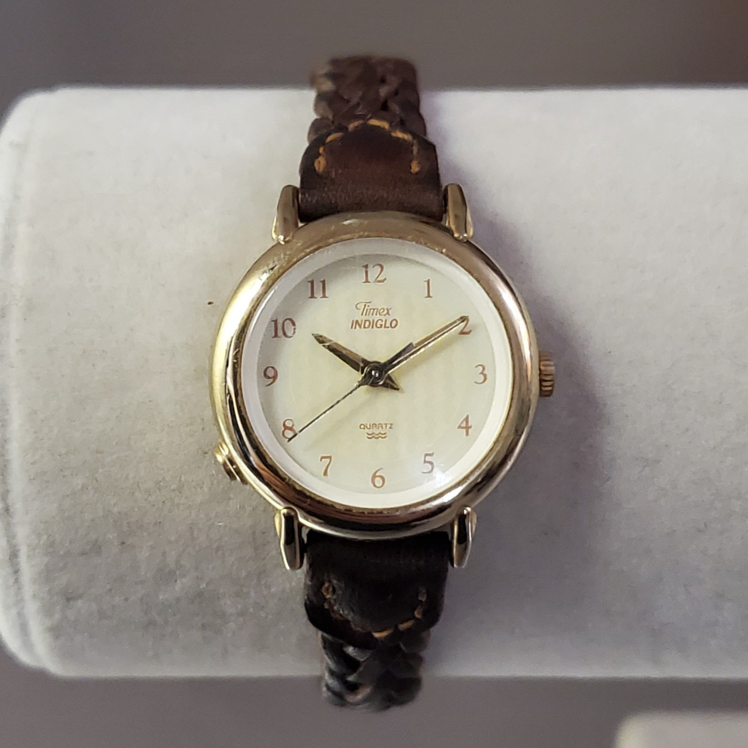 Timex Indiglo Watch Women's Vintage Analog Quartz Brown Leather Gold Tone 25 mm