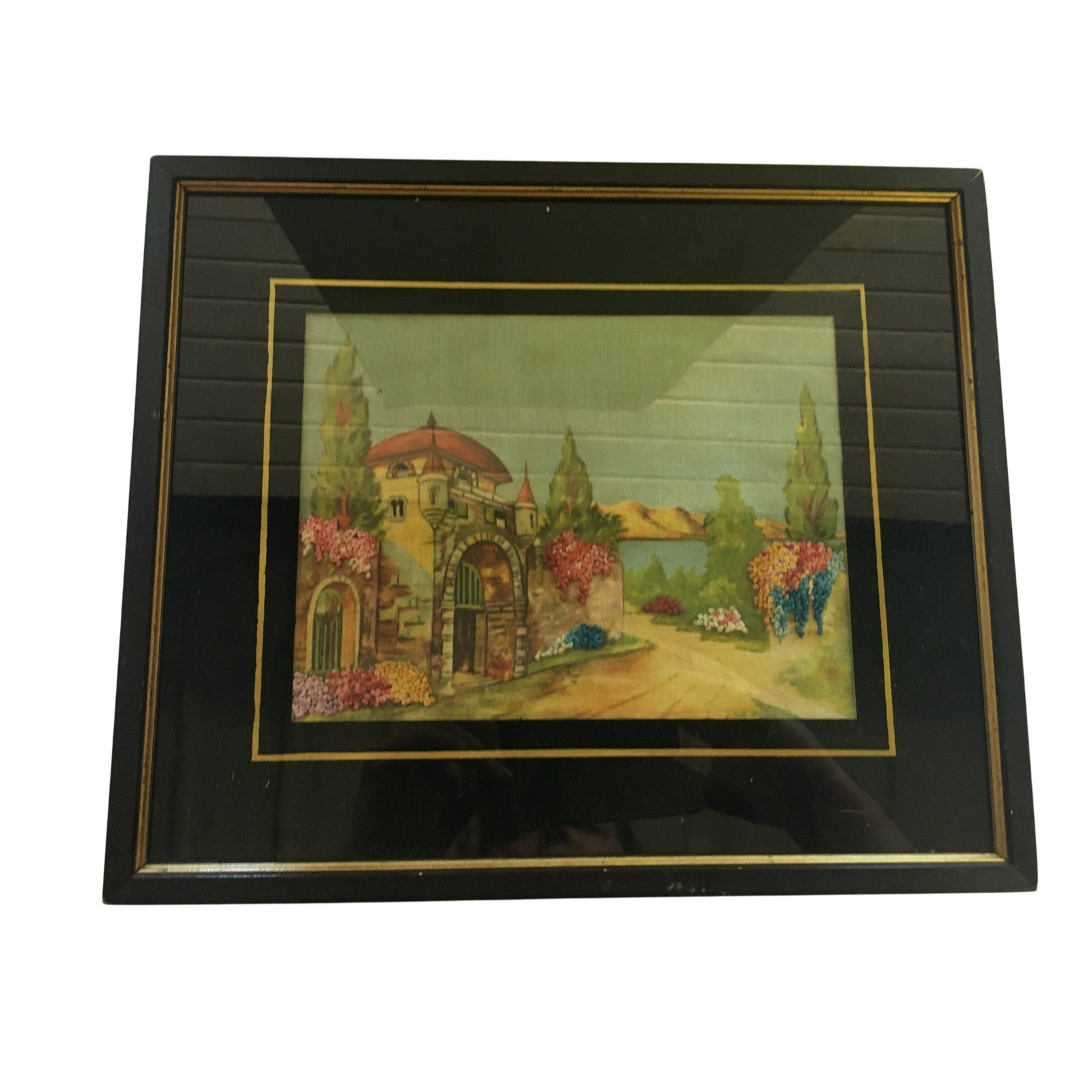 Antique Embroidered European Castle Garden Scene Floral Deco Back Painted Frame