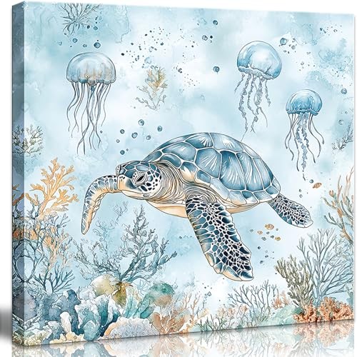  Sea Turtle Bathroom Canvas Wall Art Blue Coastal 14x14 inch Underwater World1