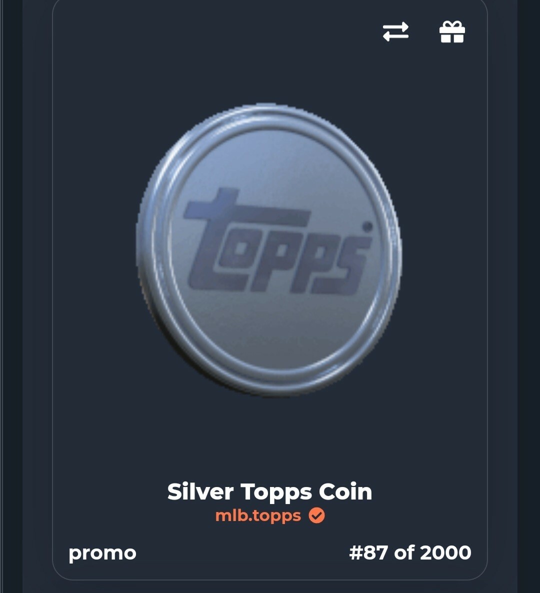 2021 Topps Baseball NFT. Digital Silver Coin #87/2000! LOW POP! Cypto!