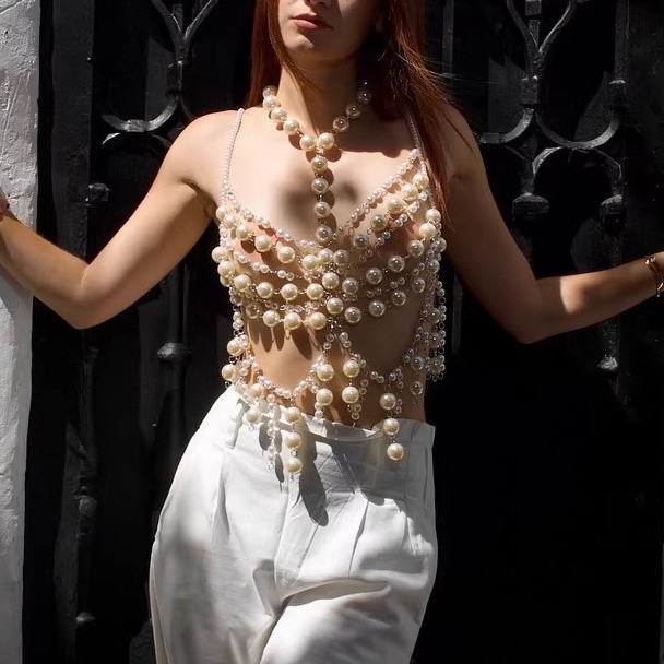 Women Pearl vest Multi-layer Tassel Chest Fashion Metal Beach Body Chain 91961