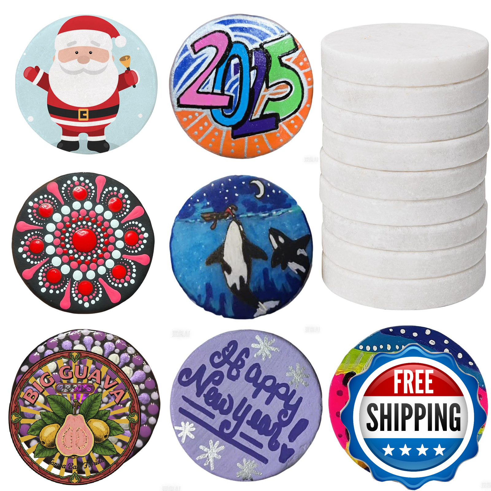 Lulonpon 40PCS 2.5" White Flat Smooth Craft Painting Rocks Bulk