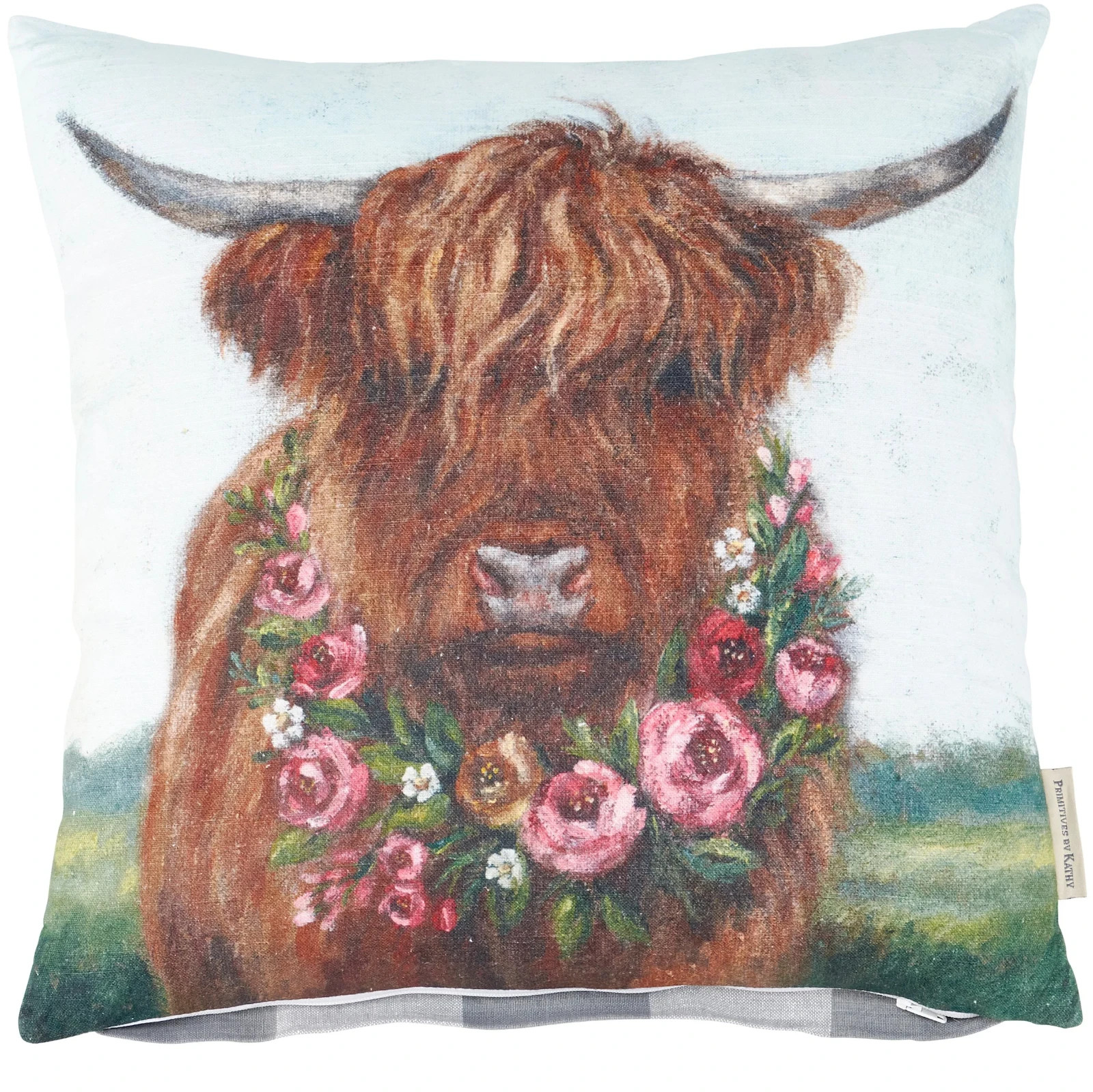 Farmhouse Highland Cow w/Floral wreath Throw pillow, 16 x 16, PBK, NWT