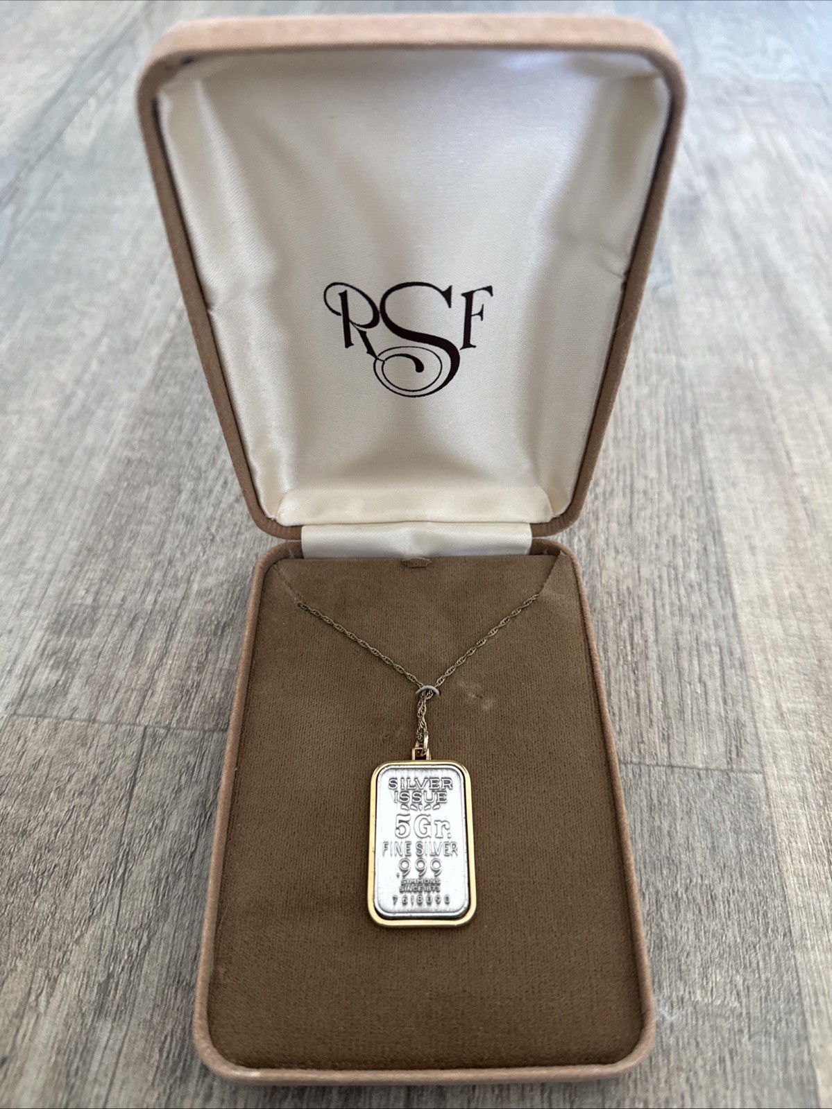 Vintage Simmons 999 Silver 5 gr Bar Pendant Necklace 18" Gold Fill Chain in Box