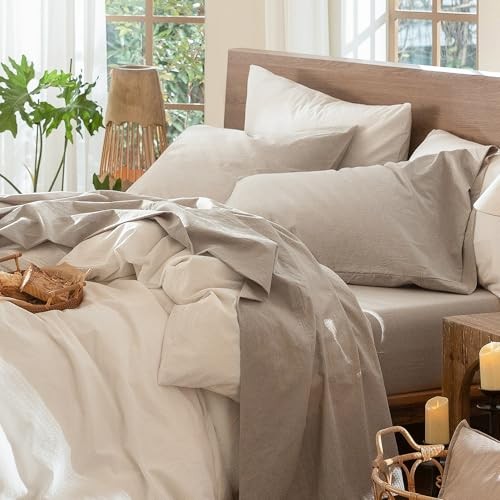  Bedding Sheet Set 100% Washed Cotton Linen Queen Heathered Tannish Linen Grey
