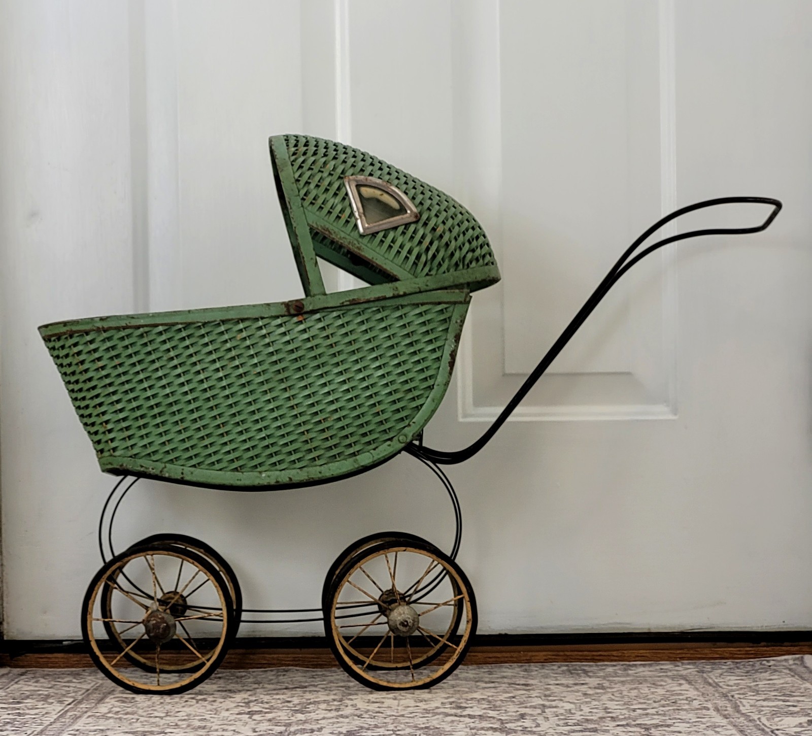 Antique Green Wicker Baby Buggie with Side Windows Child Nursery