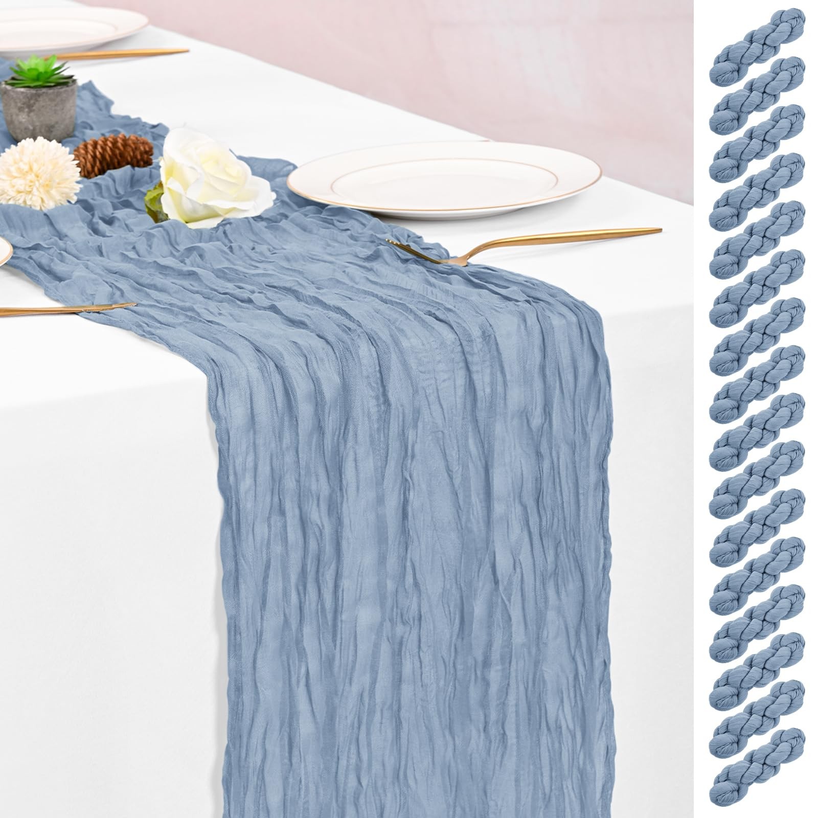 16-Pack Dusty Blue 10ft Cheesecloth Table Runner Boho Gauze Wedding Party Decor