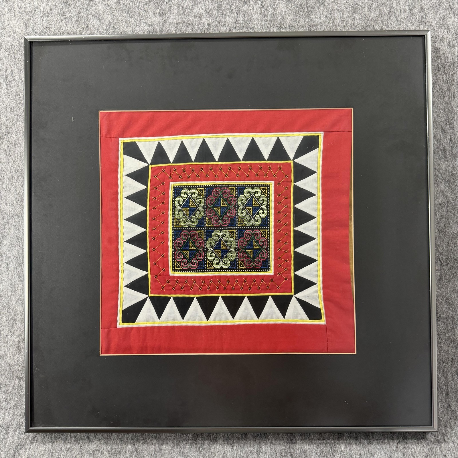 Handmade Red Geometric Embroidered Tapestry Folk Art Framed 19x19 Wall Decor