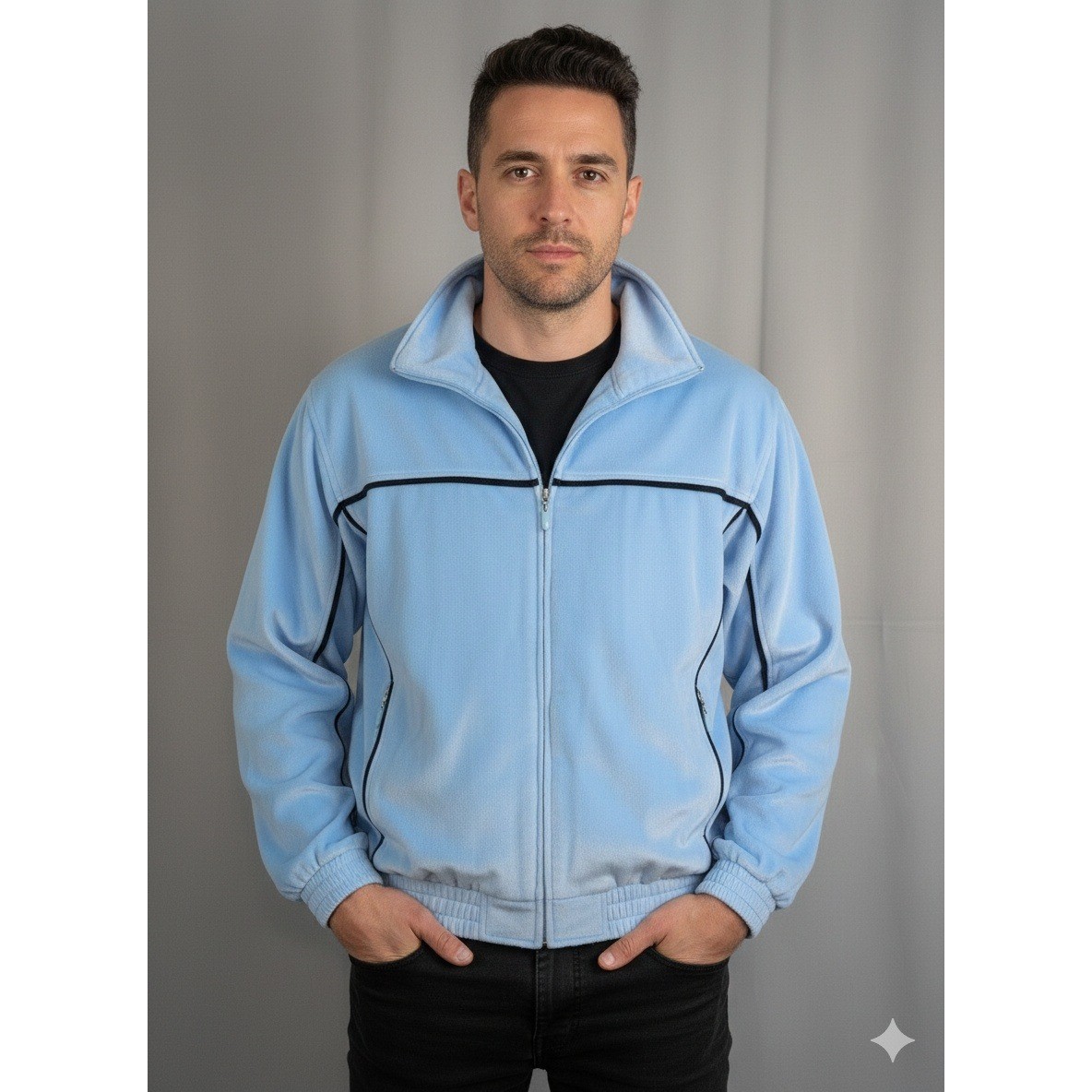 VTG Mega Industrial Clothing Fleece Track Jacket Light Blue Zip Up Mock Neck XL