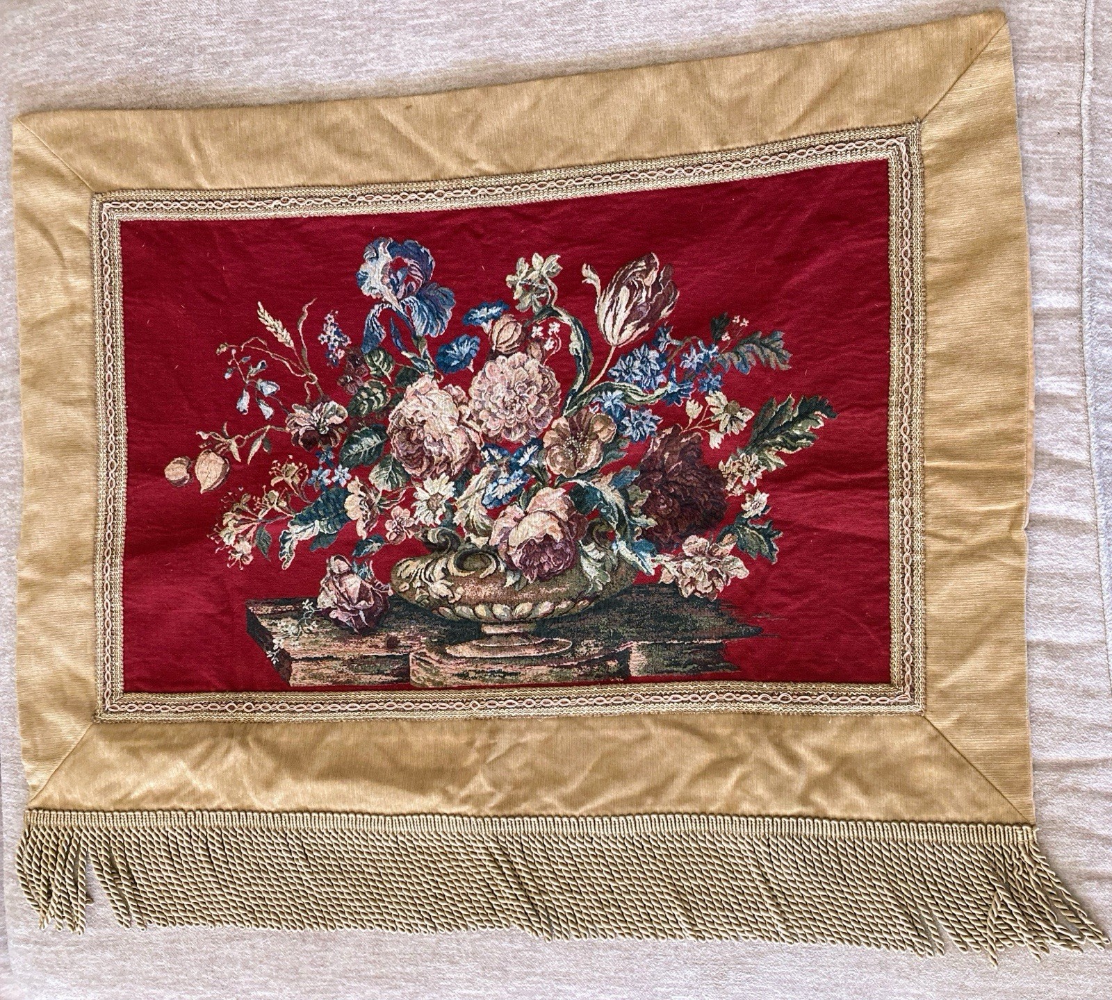 Vintage Red French Floral Wall Hanging Tapestry Gold Velvet Panel 44” X 36”