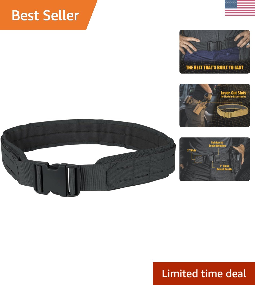 LCS Gun Belt in Black - Reinforced Nylon with Laser Cut Slots for Customization