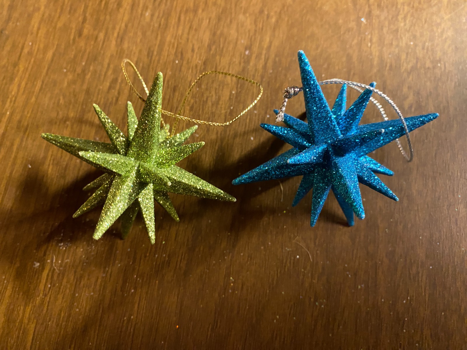 2 Atomic Shatterproof Blue Green Glitter Christmas Ornaments 3"