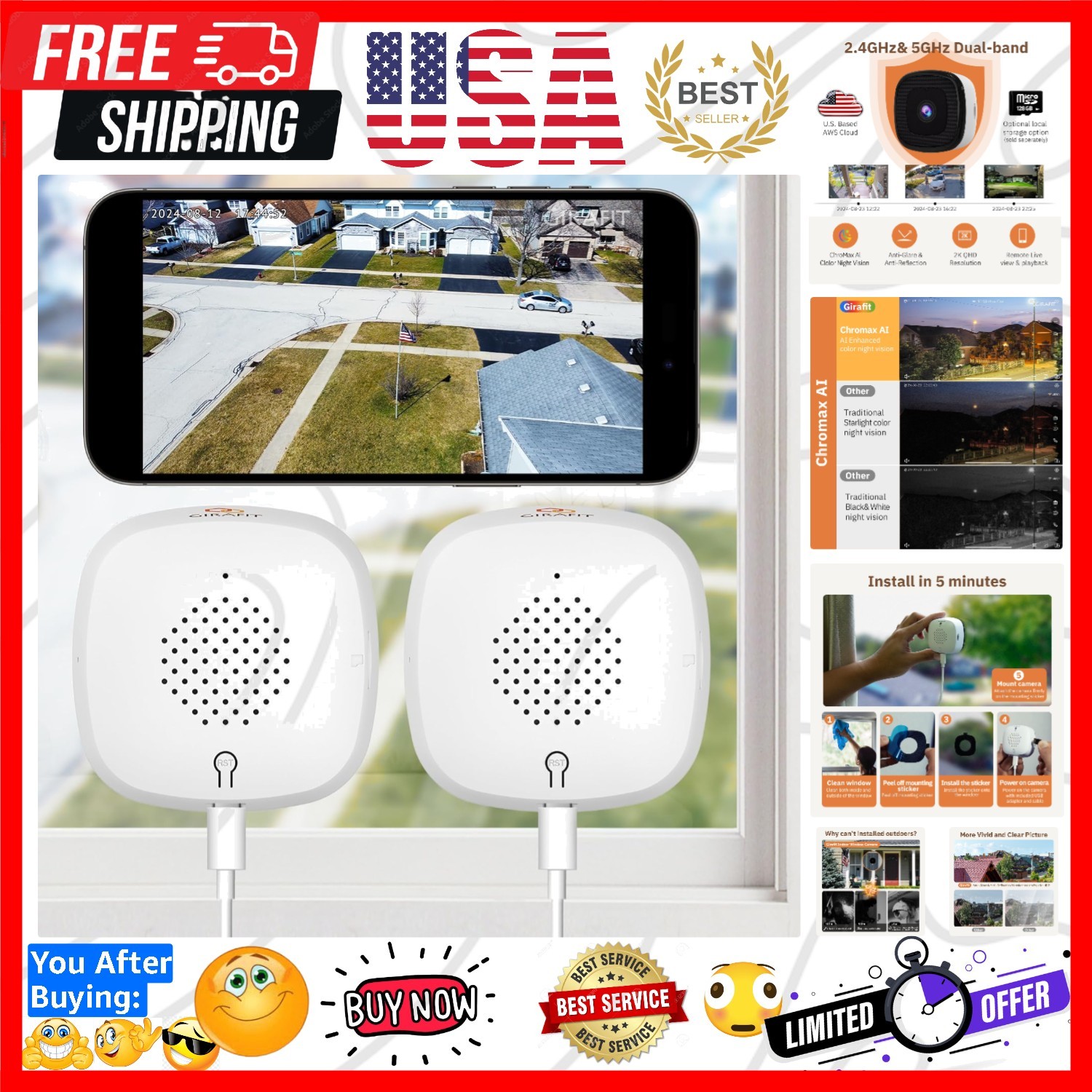 3MP 2K Window Camera,2.4GHz&5GHz WiFi Indoor Cameras for Home Security 2 Pack...