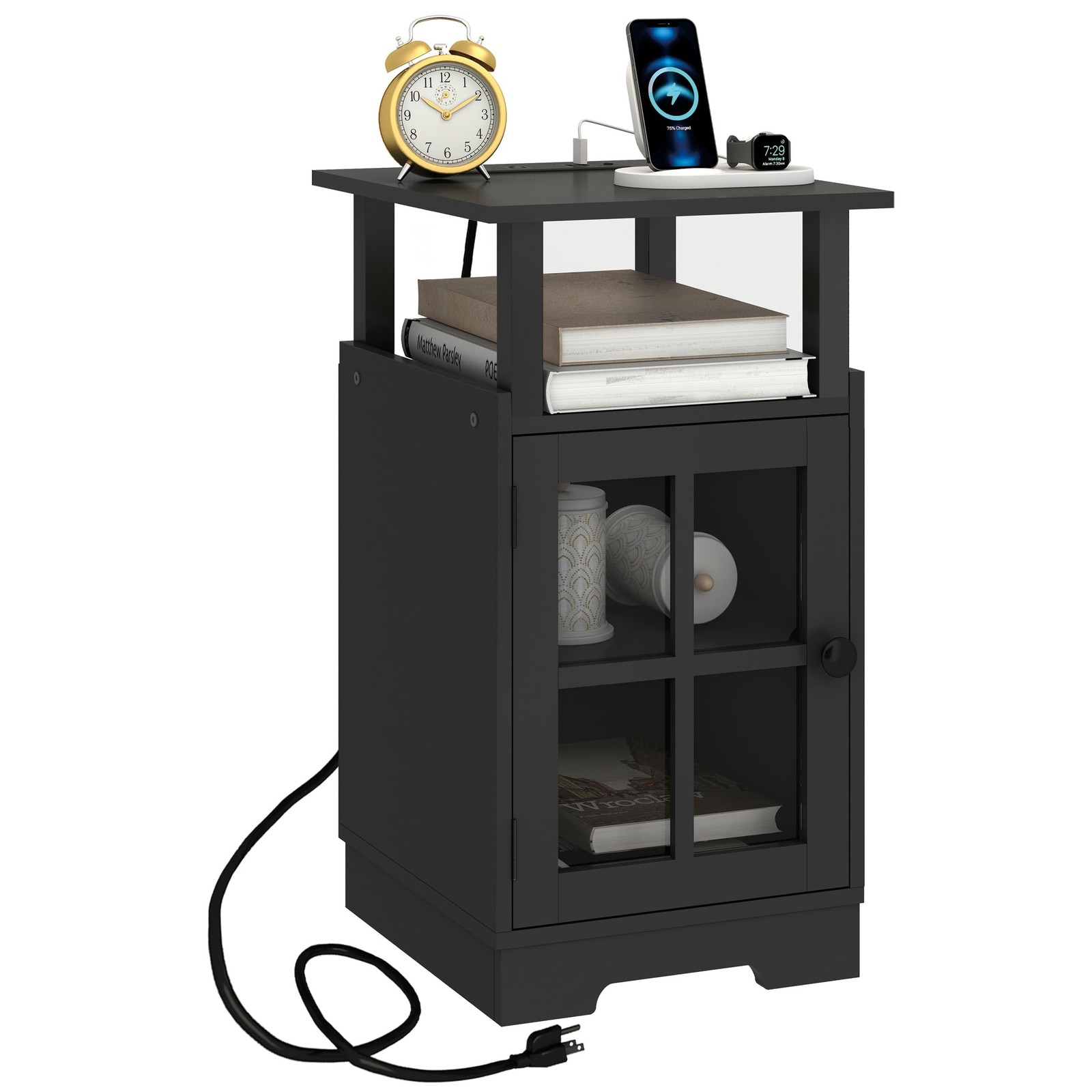 End Table Nightstand with Charging Station, Side Table with USB Ports and Out...
