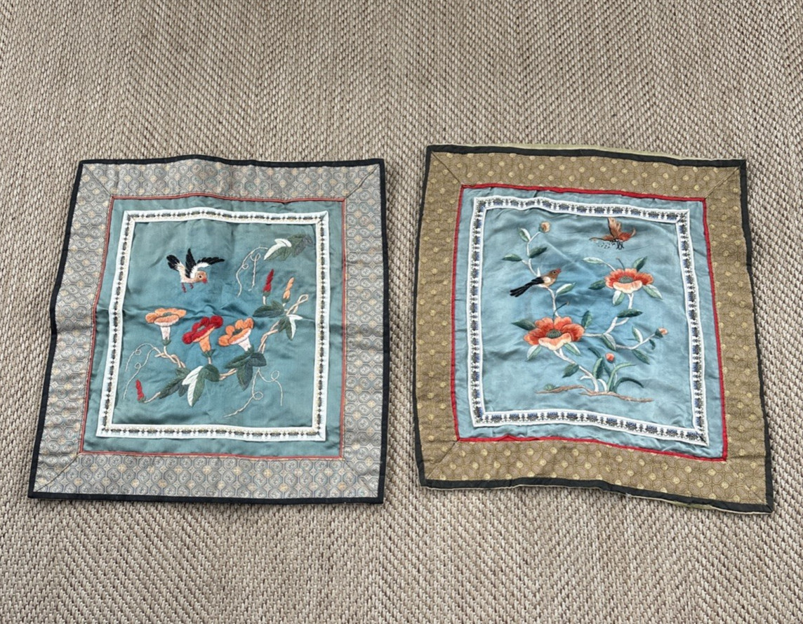 2 Vintage Chinese Asian Oriental Embroidered Silk Panel Hand Made Bird Flowers