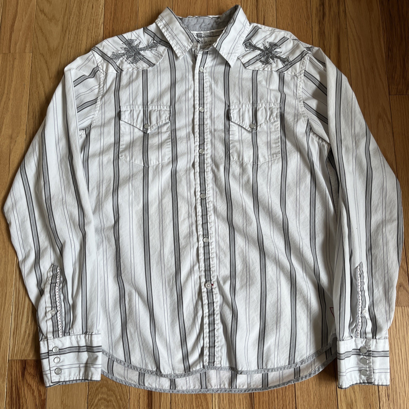 Guess Long Sleeve Button Up Shirt Men’s White XL Denim & Dry Goods Embroidered