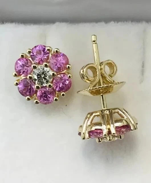 2.00CT Round Cut Lab Created Pink Sapphire Stud Earrings 14k Yellow Gold Finish