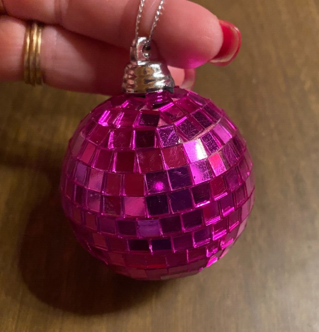 Hot Pink Disco Ball Sparkling Mirror Christmas Ornament UNused NOS 2"