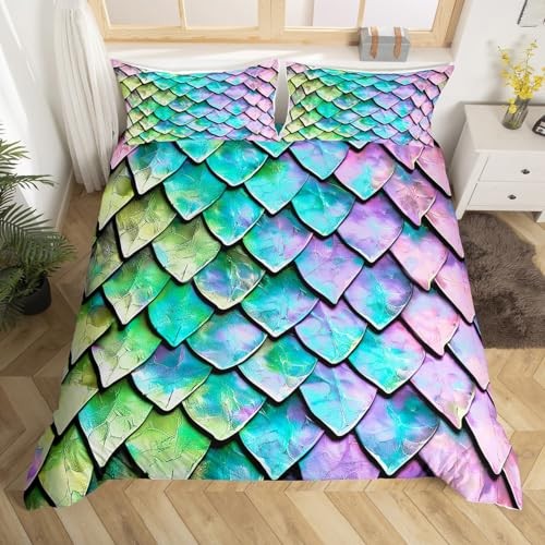  Dragon Scale Bedding Duvet Cover Set King King(No Comforter) Green Blue Purple
