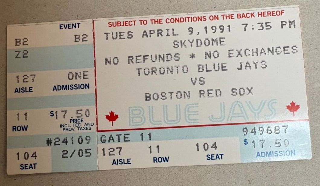 Blue Jays Vs.  Boston Red Sox Vintage Ticket Stub Skydome (Toronto, 1991)