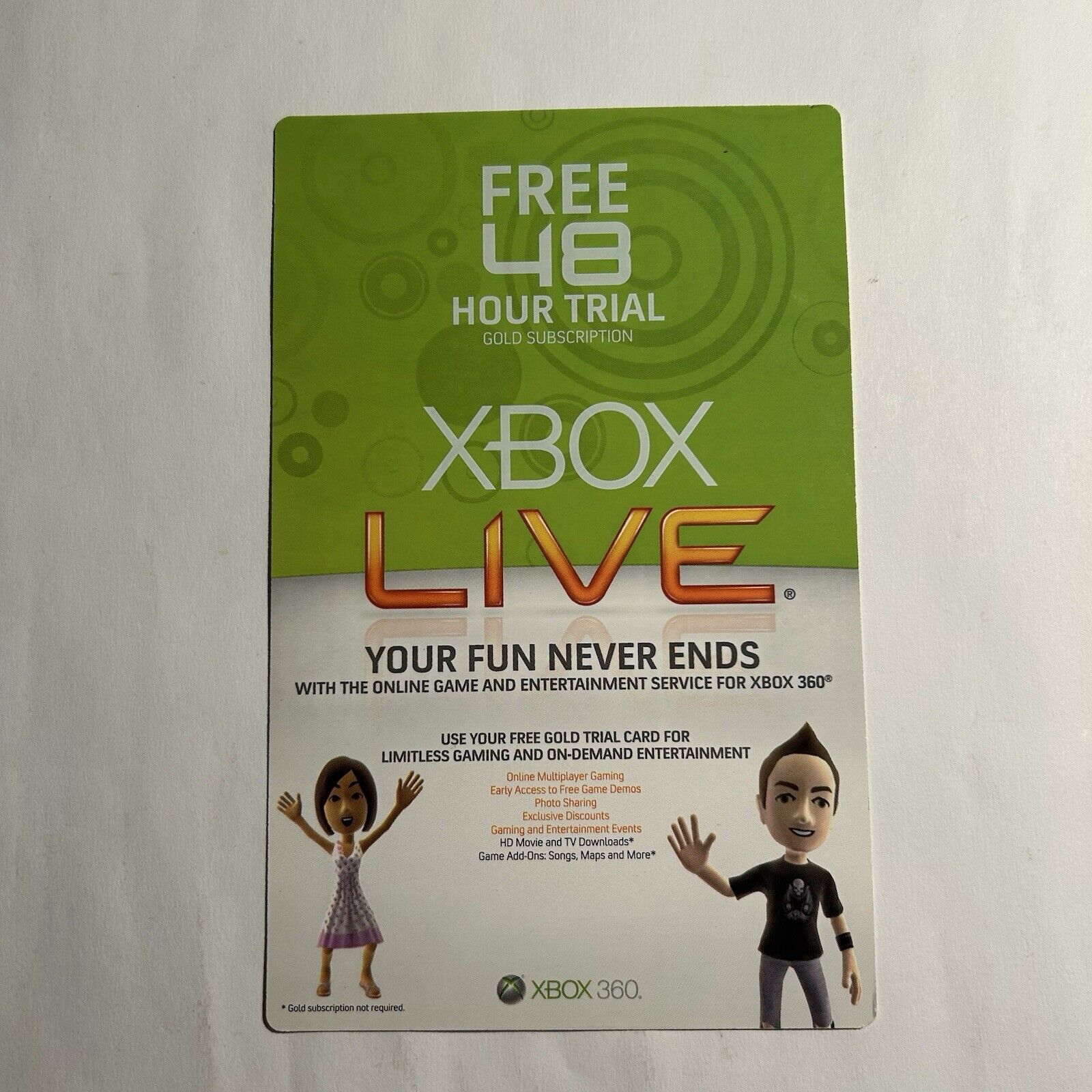 Microsoft XBOX LIVE Trial - Free 48 Hour Trial Gold Subscription XBOX 360 Unused