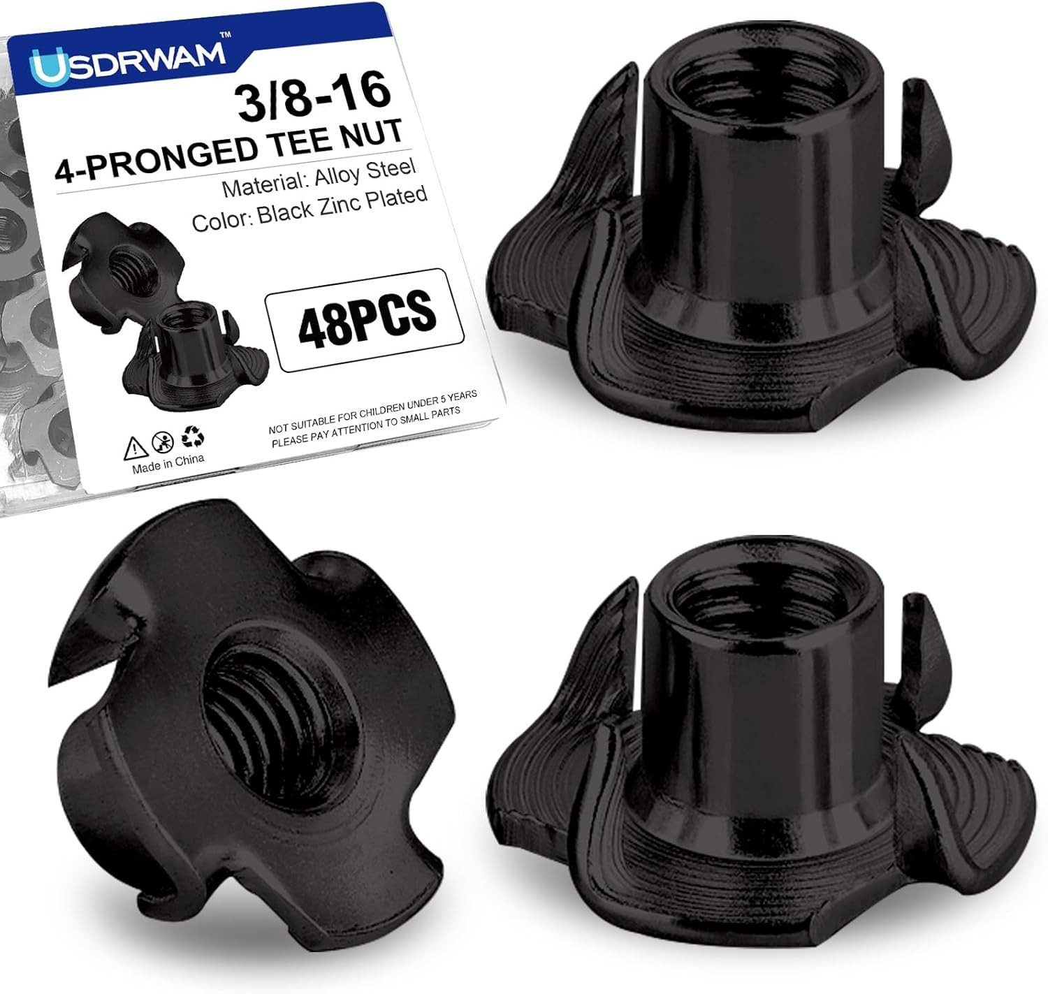 48 Pack 3/8"-16 T Nuts for Wood, Black Carbon Steel 4-Prong Tee Nuts for Furnitu