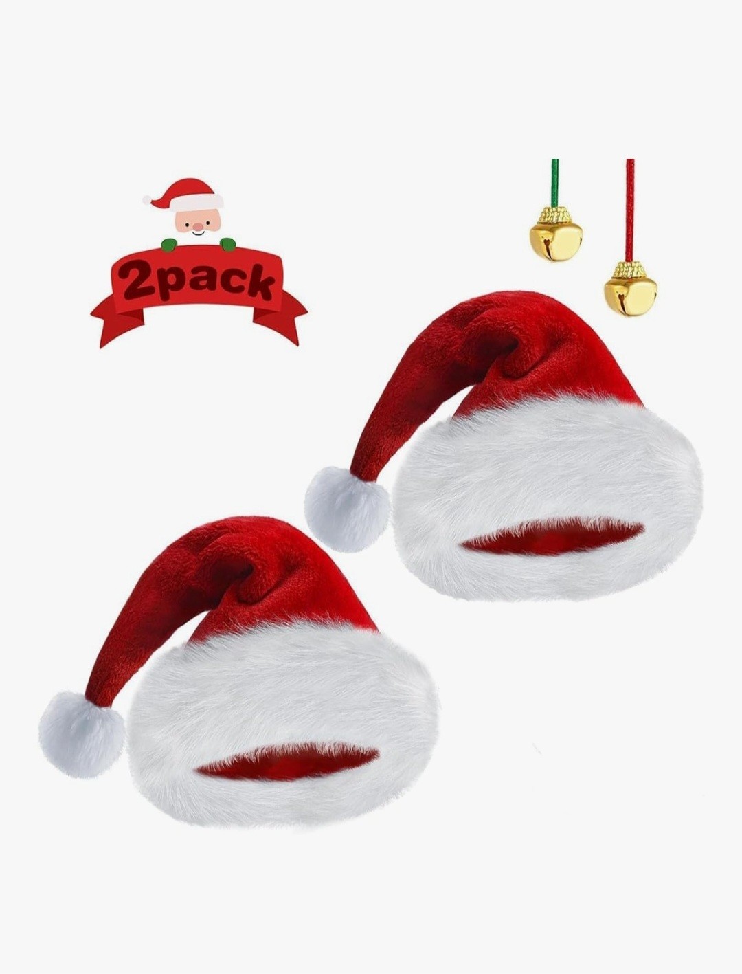 2Pc Santa Hat and Bells Adults Christmas Velvet Classic Xmas Hats for New Year 