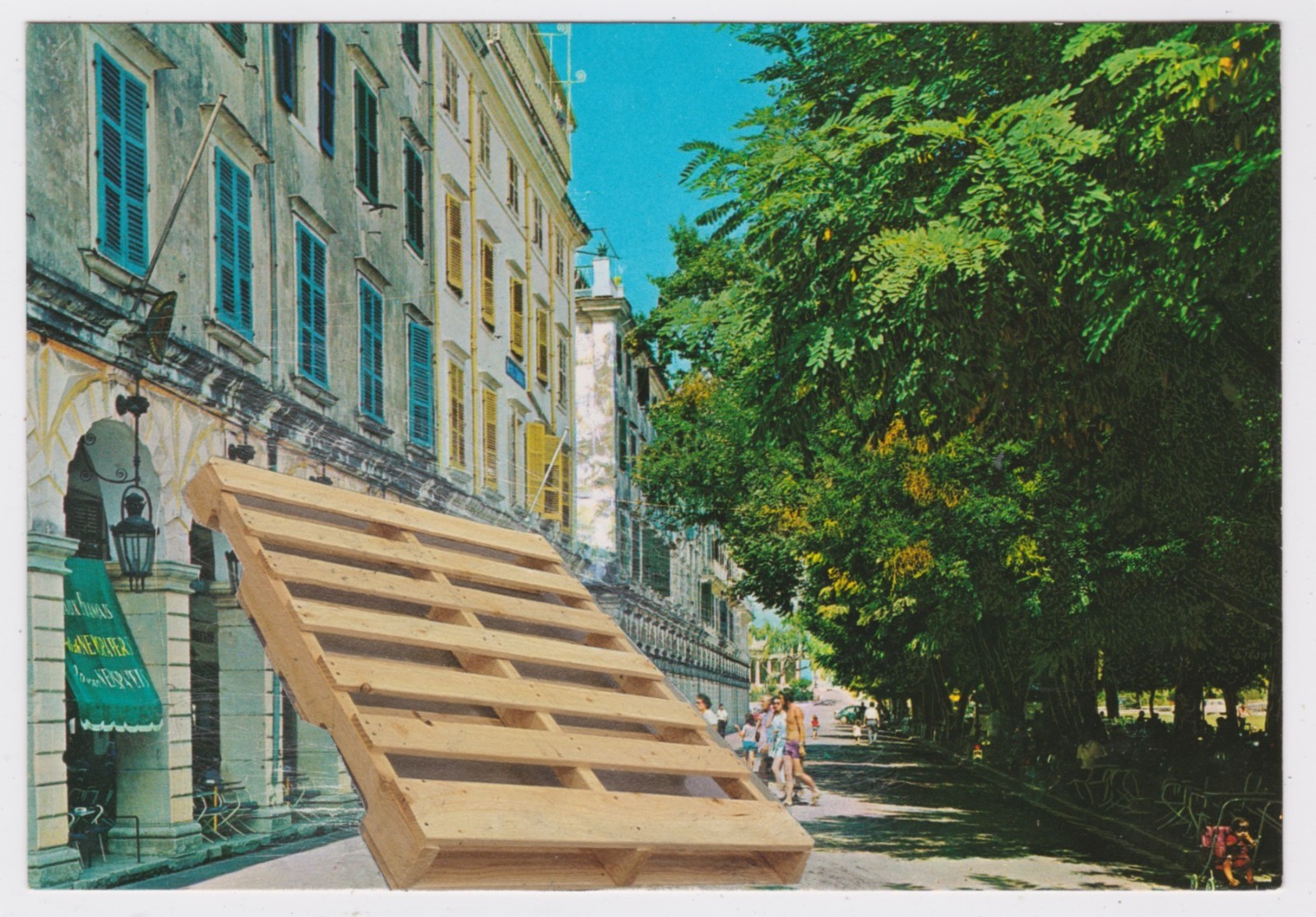 Mail Art David Greenberger "Giant Leaning Pallet" original collaged postcard '23