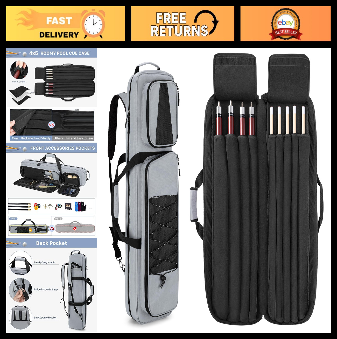 4x5 Pool Cue Case - Soft Billiard Stick Bag, Holds 4 Butts & 5 Shafts, Large Poc