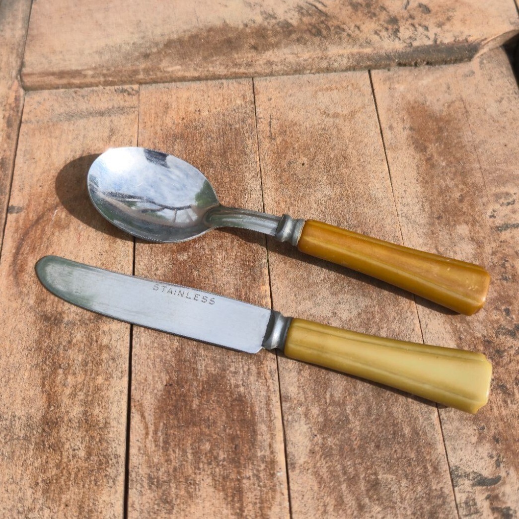 Vintage Children's Bakelite Handle Knife & Spoon Set utensils Art deco Mustard