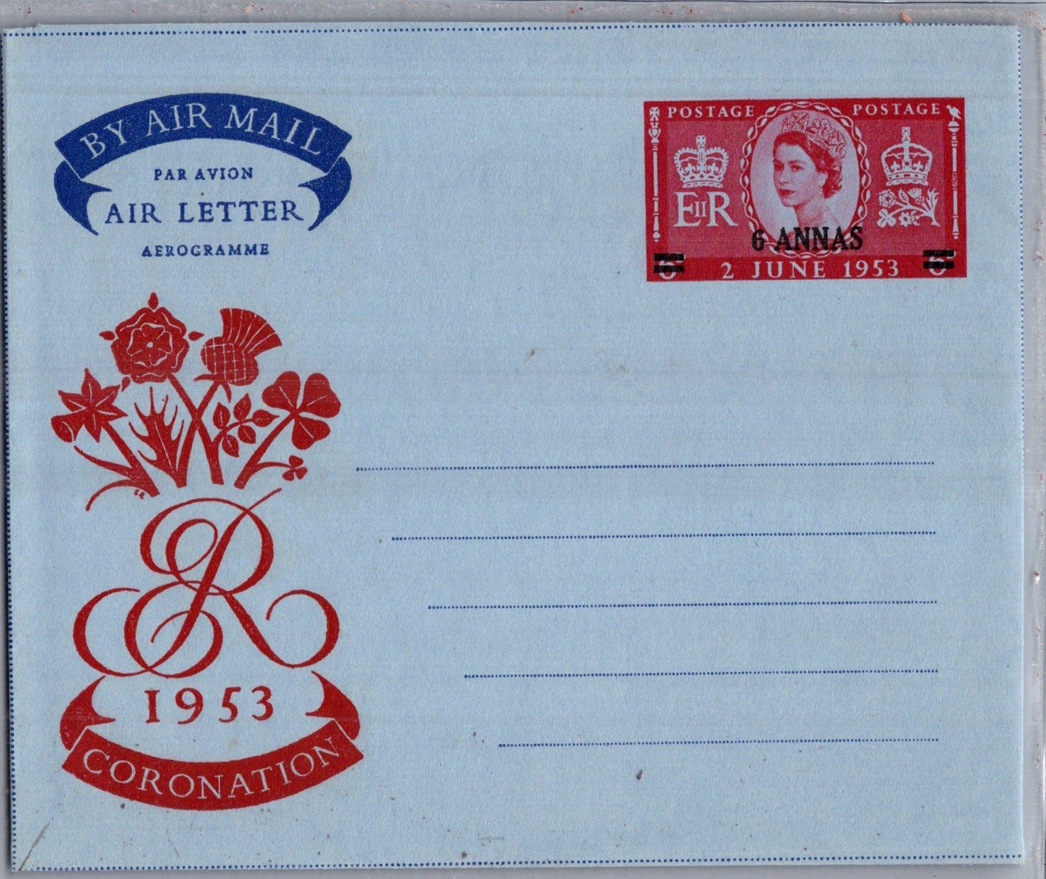 GREAT BRITAIN 1953 POSTAL STATIONERY AEROGRAMME R. CORONATION OVERPRINT 6 ANNAS