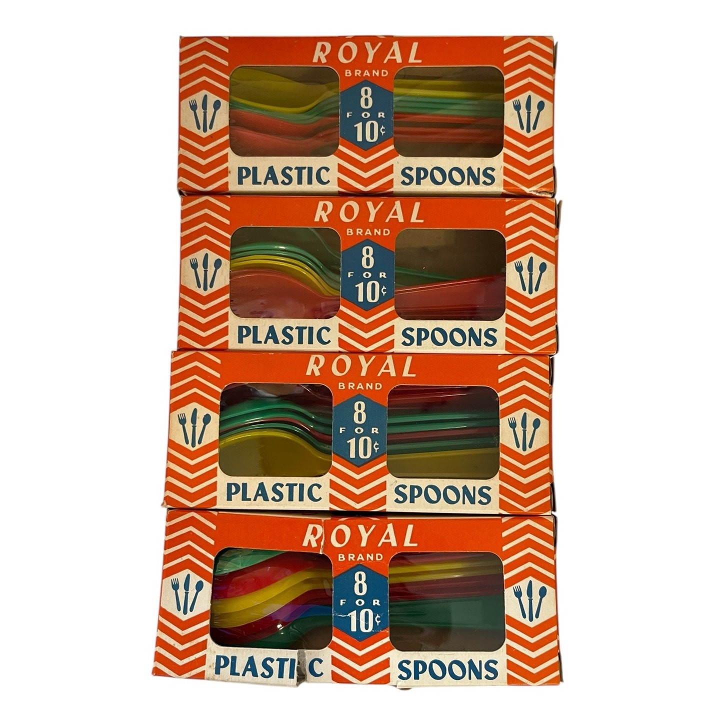 Vintage Retro Royal Brand Plastic Spoons 1950's 4 Box of 8 Multi Color Full Size