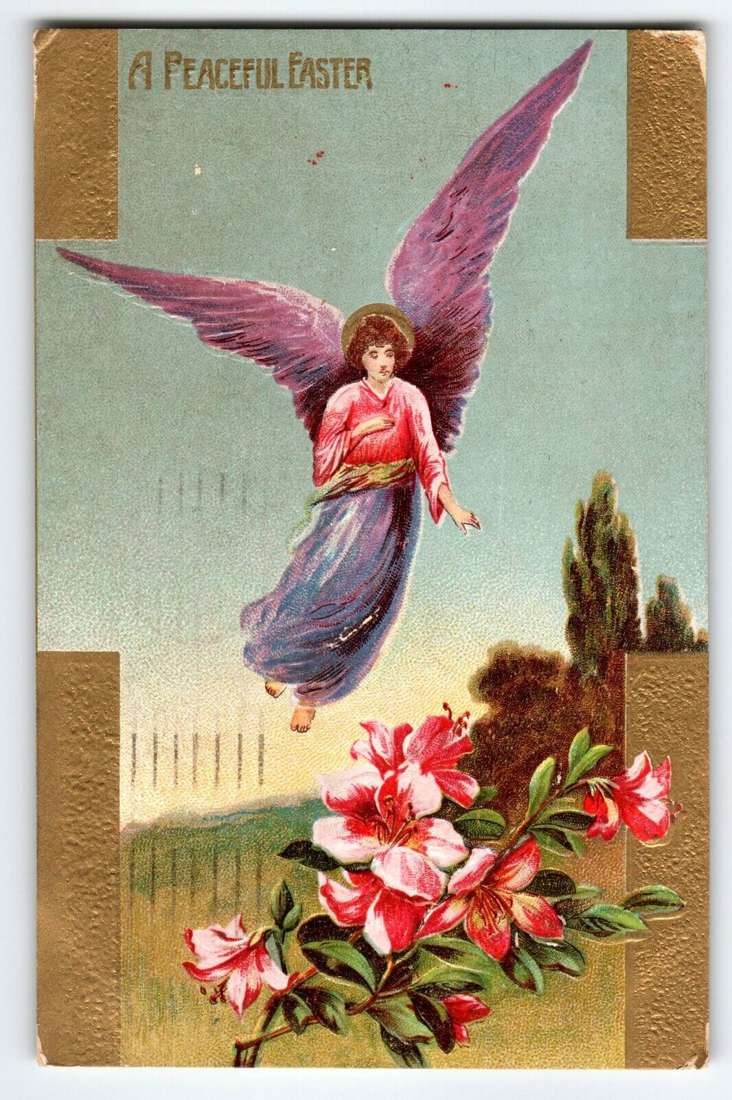 Easter Postcard 1910's Holy Angel Flying Over Garden Embossed Greetings 1911