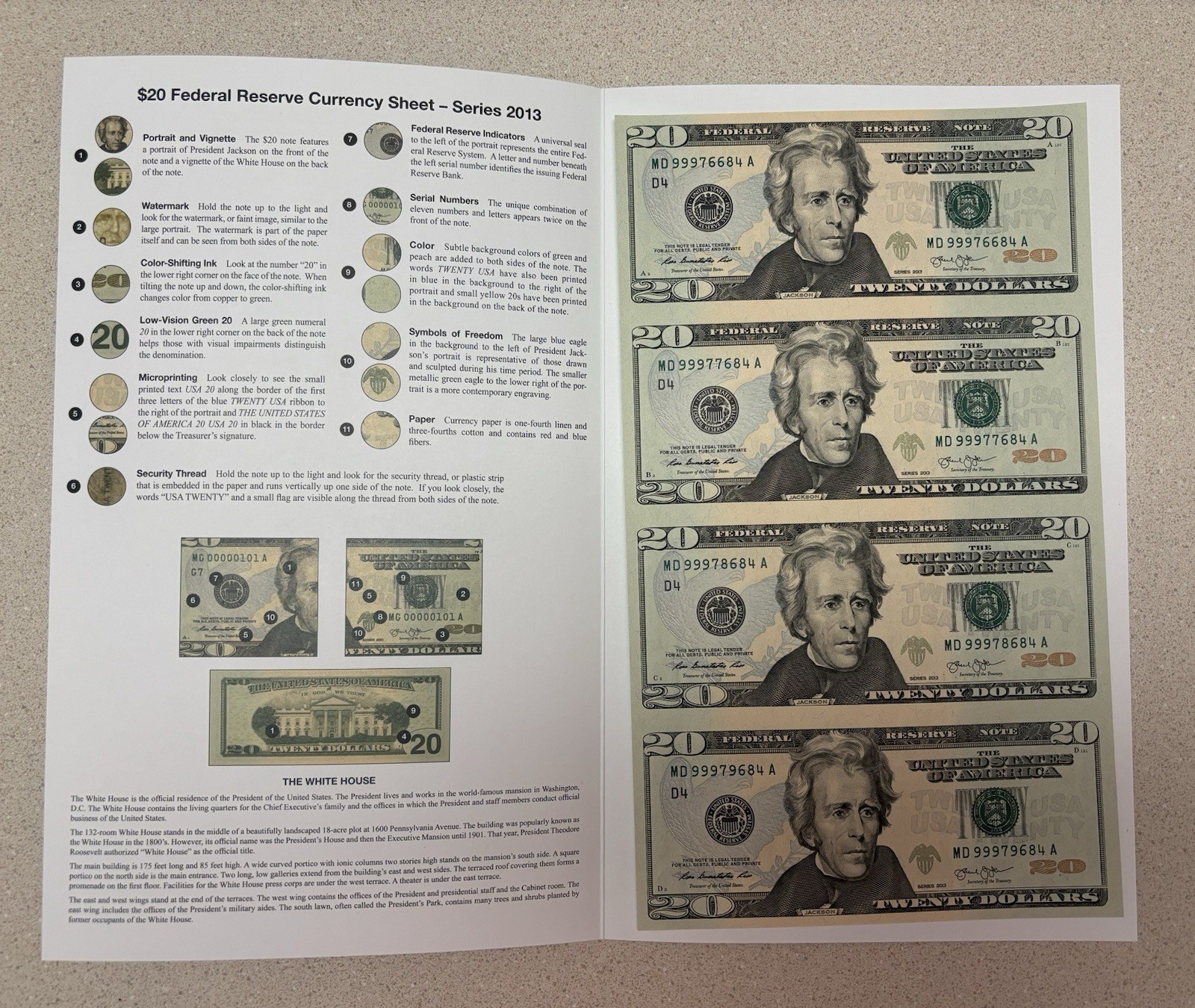 RARE 2013 $20 Federal Reserve Note Uncut Sheet of 4 BEP Folder MINT UNCIRC