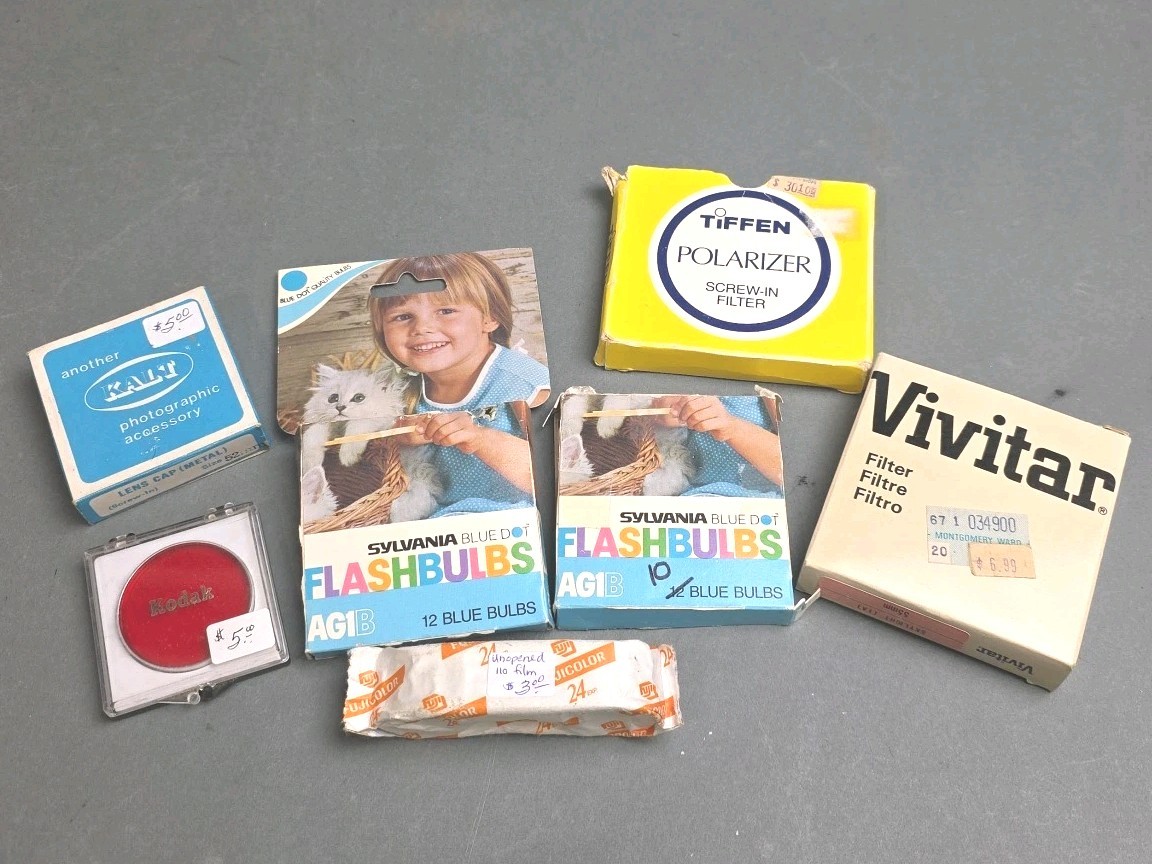 Vintage Photography Grab Bag NOS Film, Flash Bulbs, Filters, Lens Cap