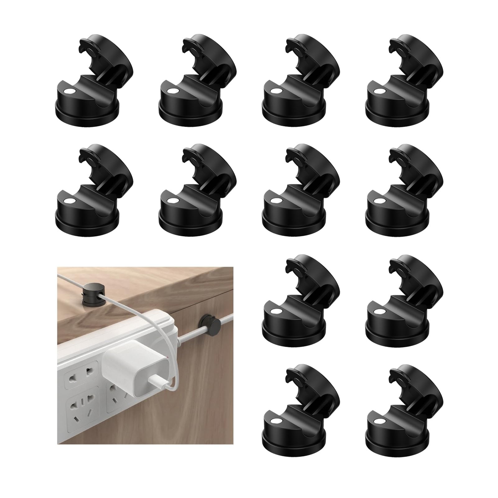 12 Pcs Cord Holder for Nightstand - Adhesive Cable Clips and Black 