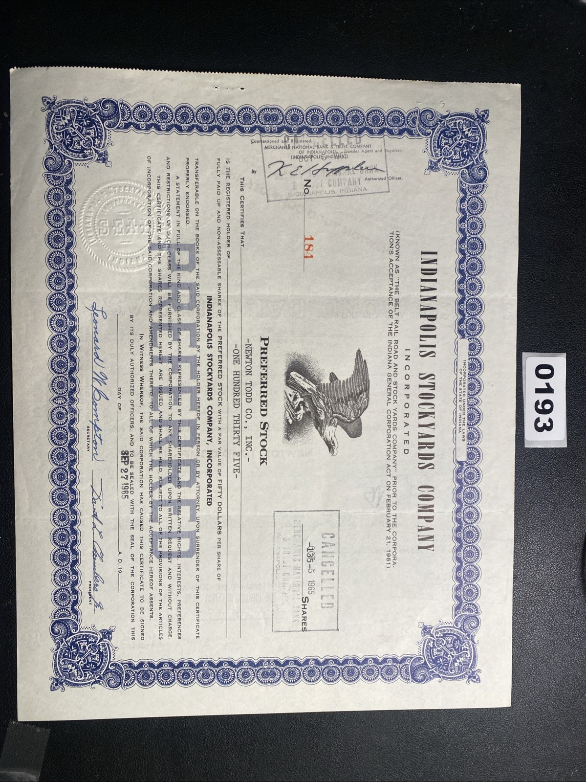 INDIANAPOLIS STOCKYARDS COMPANY Stock Certificate 1965 0193