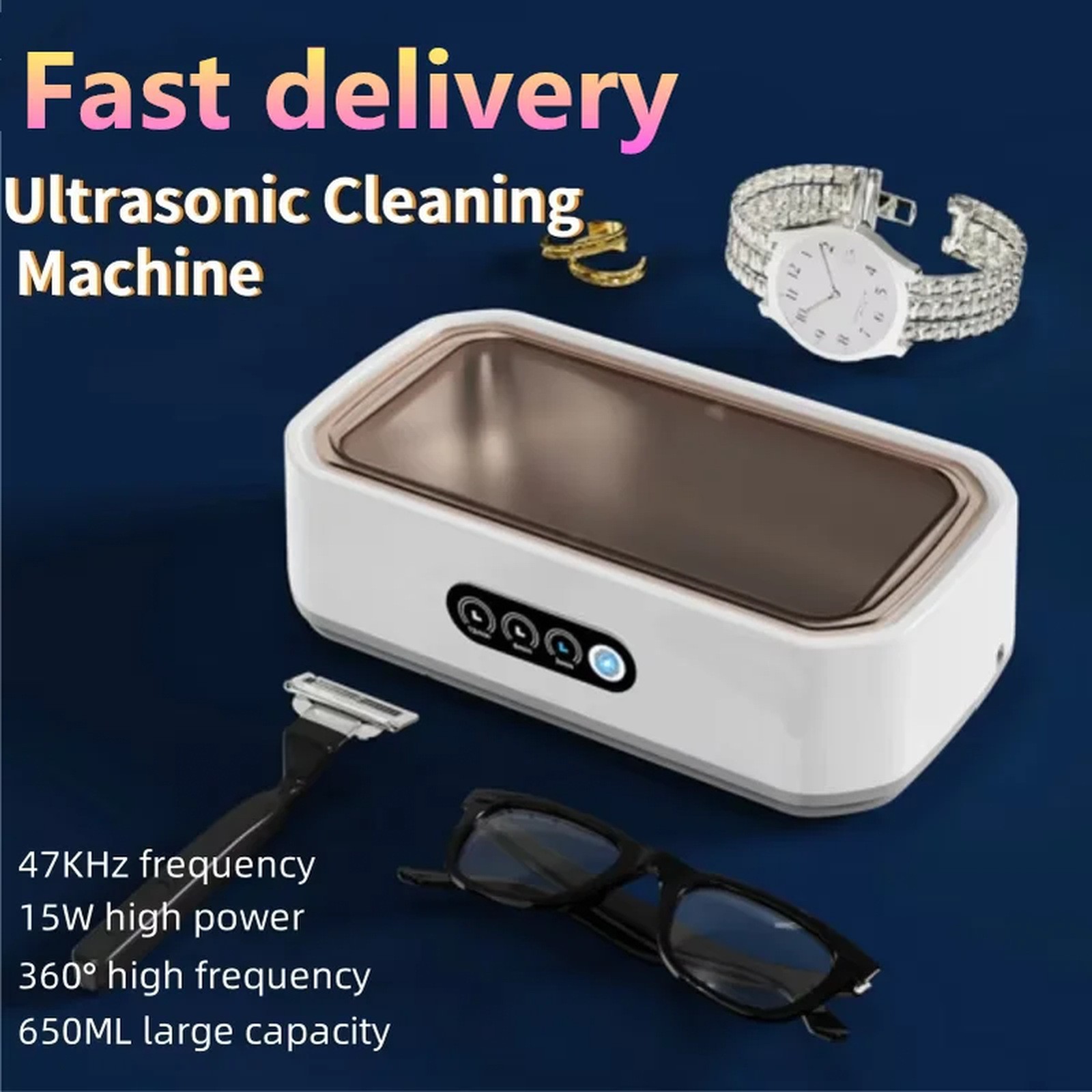 Ultrasonic Cleaner 650ml Large Capacity 47khz 18w 3 Gears Jewelry Glasses
