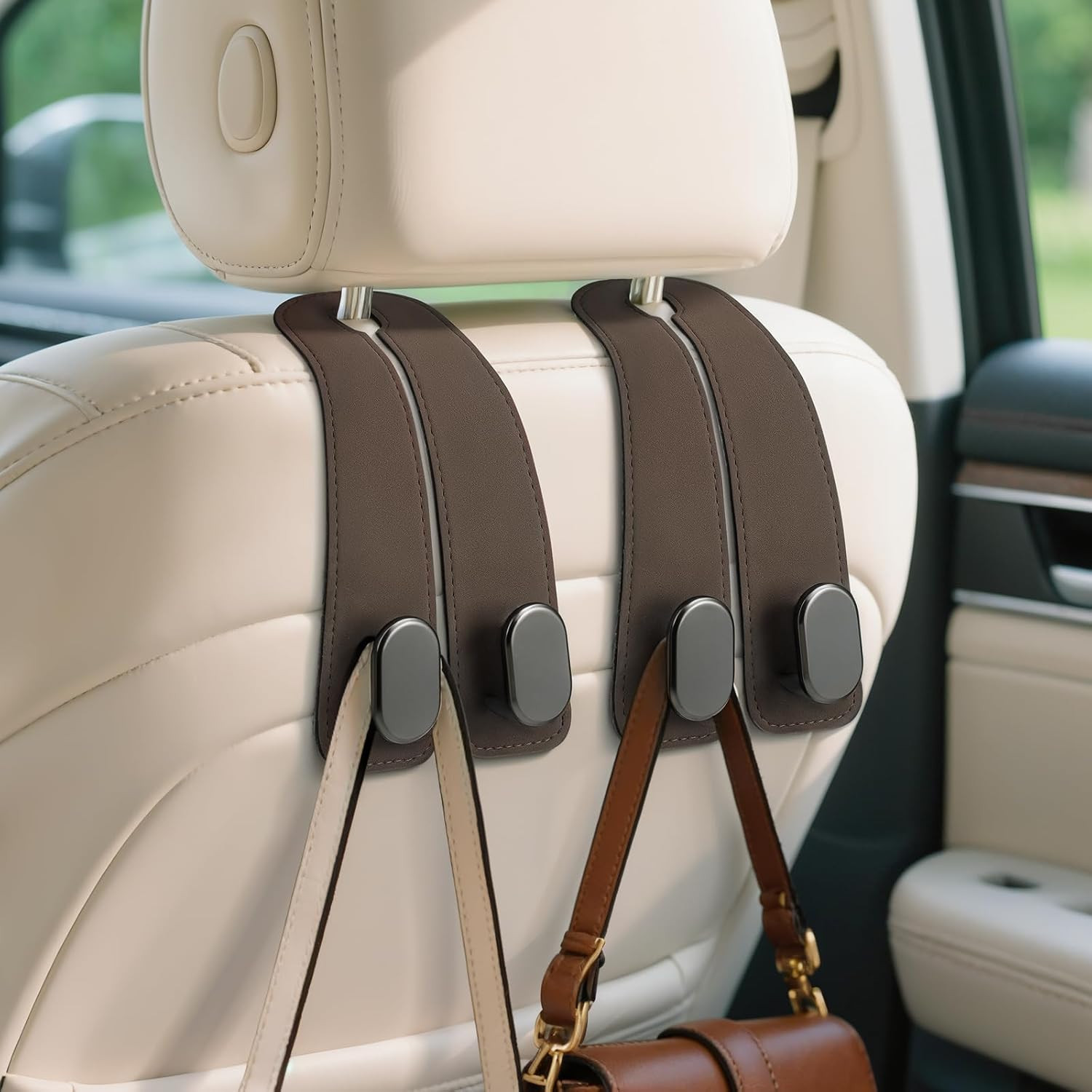 Car Seat Headrest Hooks - 2 Pack Universal Car Purse Hook, Leather Car Bag Purse