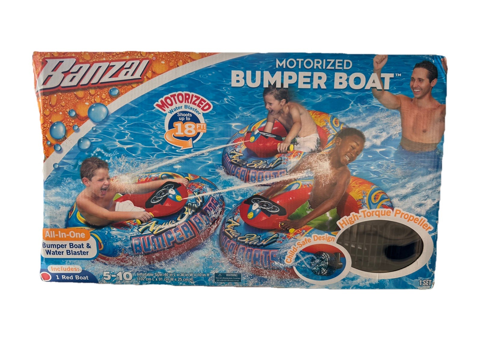 Banzai Motorized Bumper Boat & Water Blast Inflatable Pool Float Water Toy RED