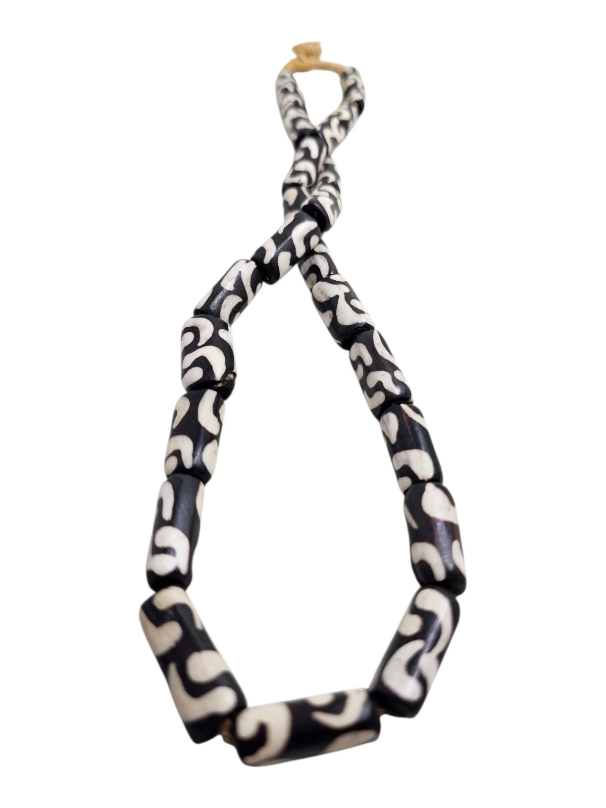 Vintage African Trade Beads Black White Batik Pattern Glass Necklace 20" Tribal