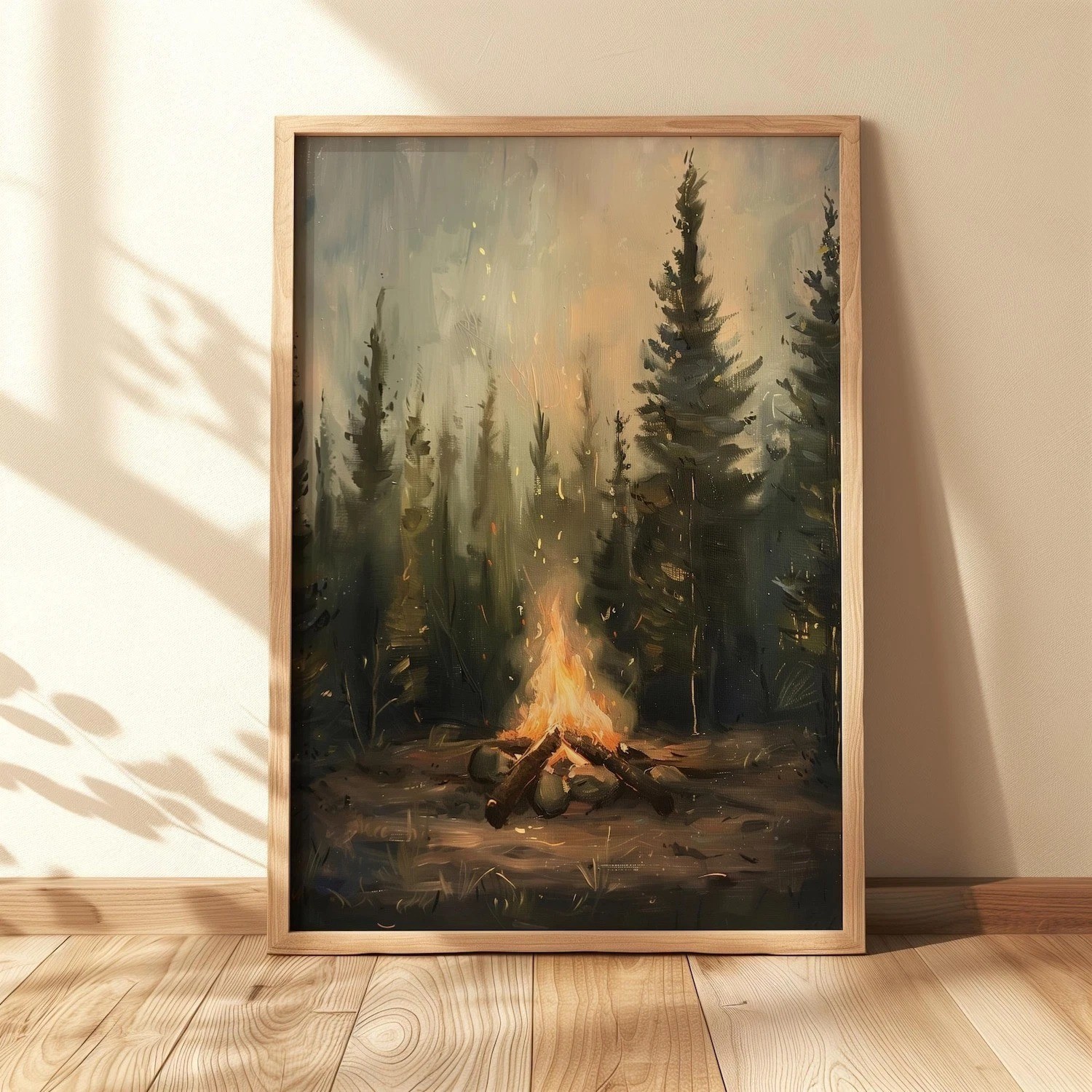 Forest Campfire Night Landscape Nature Painting Poster