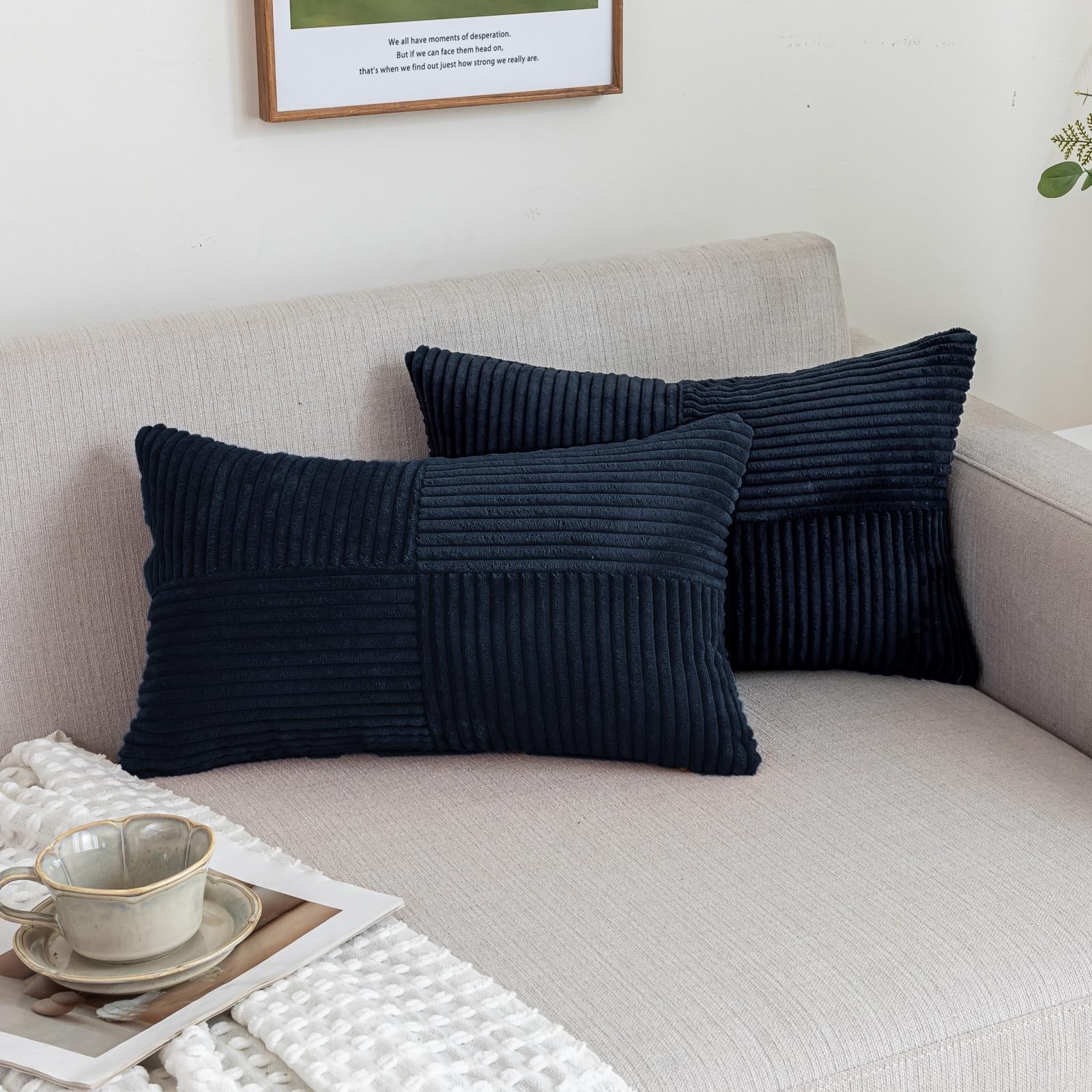 Black Corduroy Throw Pillow Covers Set of 2 Boho Decorative Spliced Cushion C...