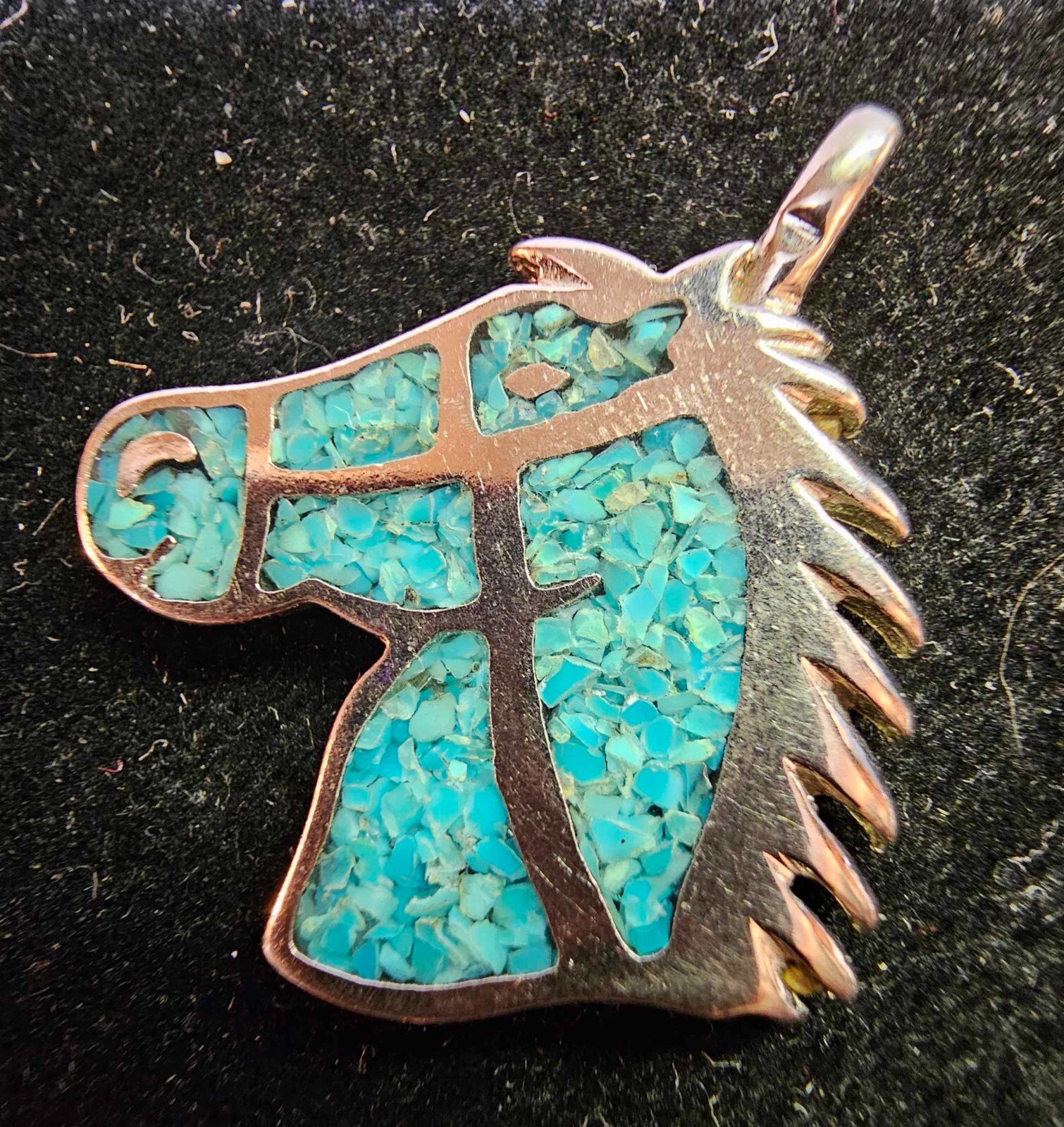 Vtg Silvertone Western Turquoise Chips Mosaic Horse Head Pendant Native style