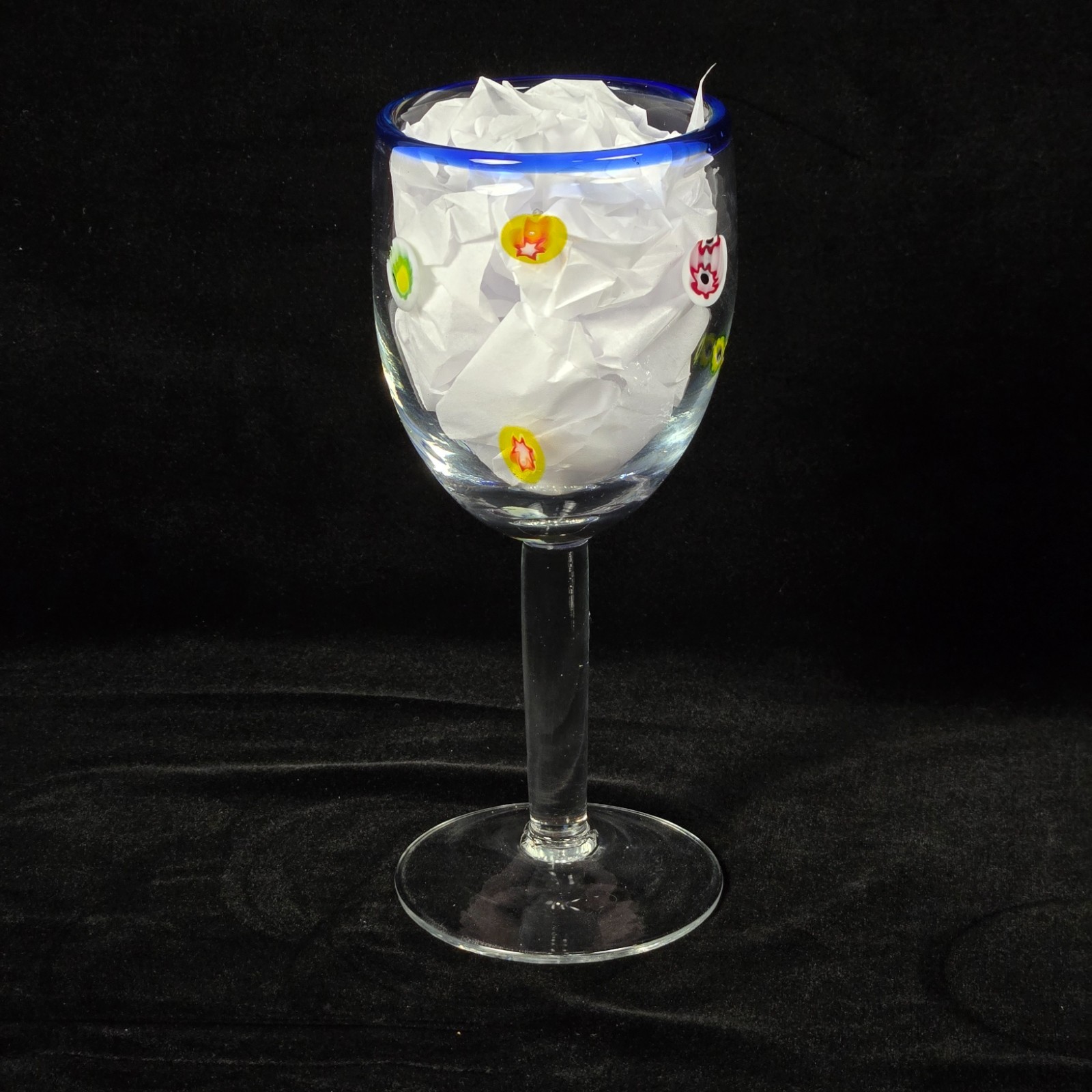Hand Blown Art Glass Goblet Blue Rim Multicolor Inclusions 7.5" Vintage