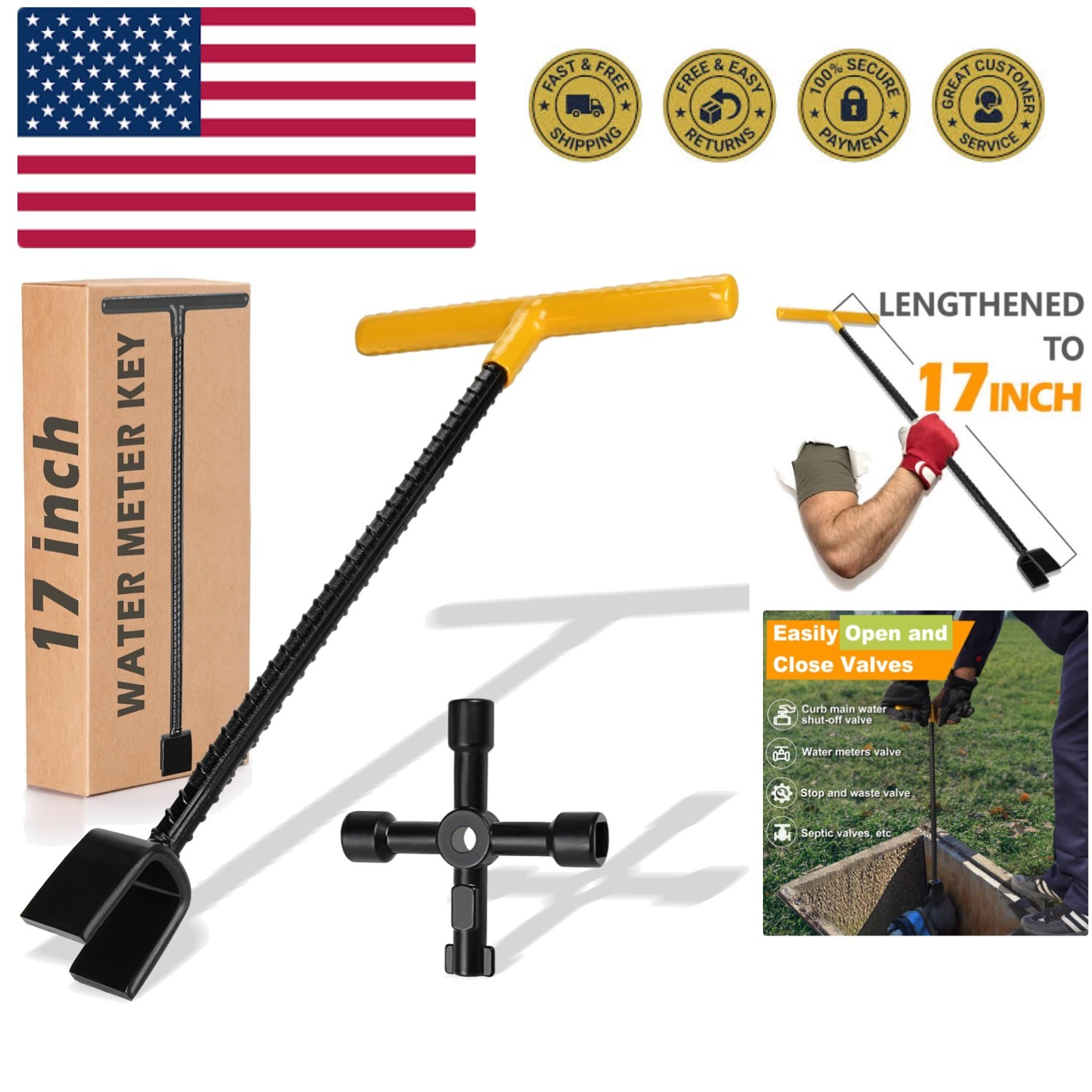 17 Inch Water Meter Key With 4 Way Multi-Functional Utilities Key, Enforced R...