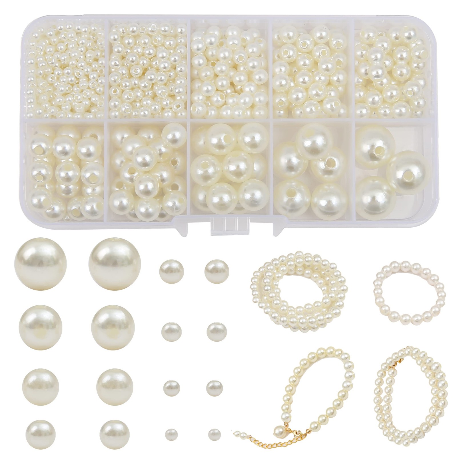 DADIFEN 800pcs Ivory Artificial Pearl Beads 3/4/5/6/8/10/12/14mm Small, Ivoey 
