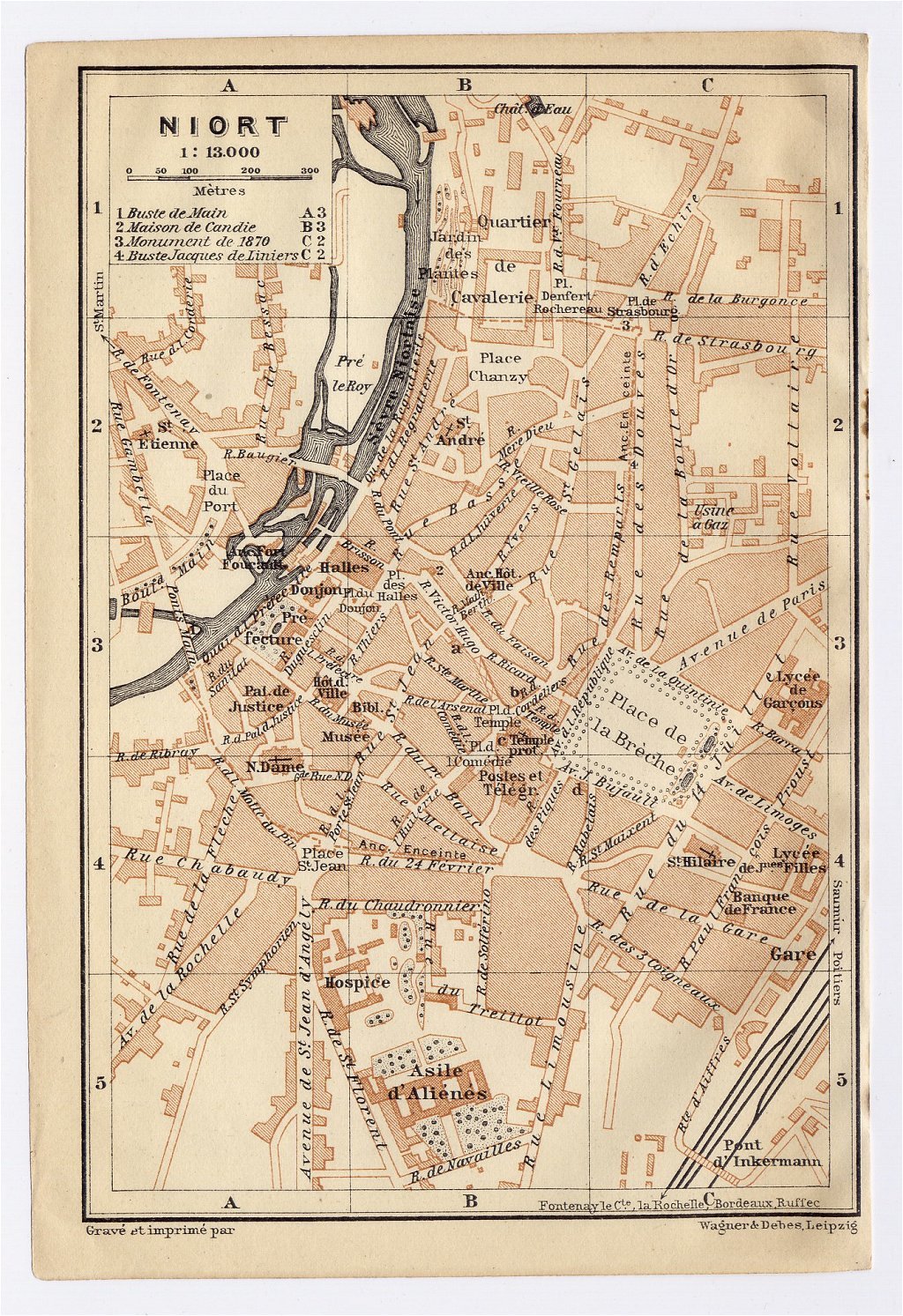 1914 ANTIQUE CITY MAP OF NIORT / POITOU-CHARENTES / FRANCE