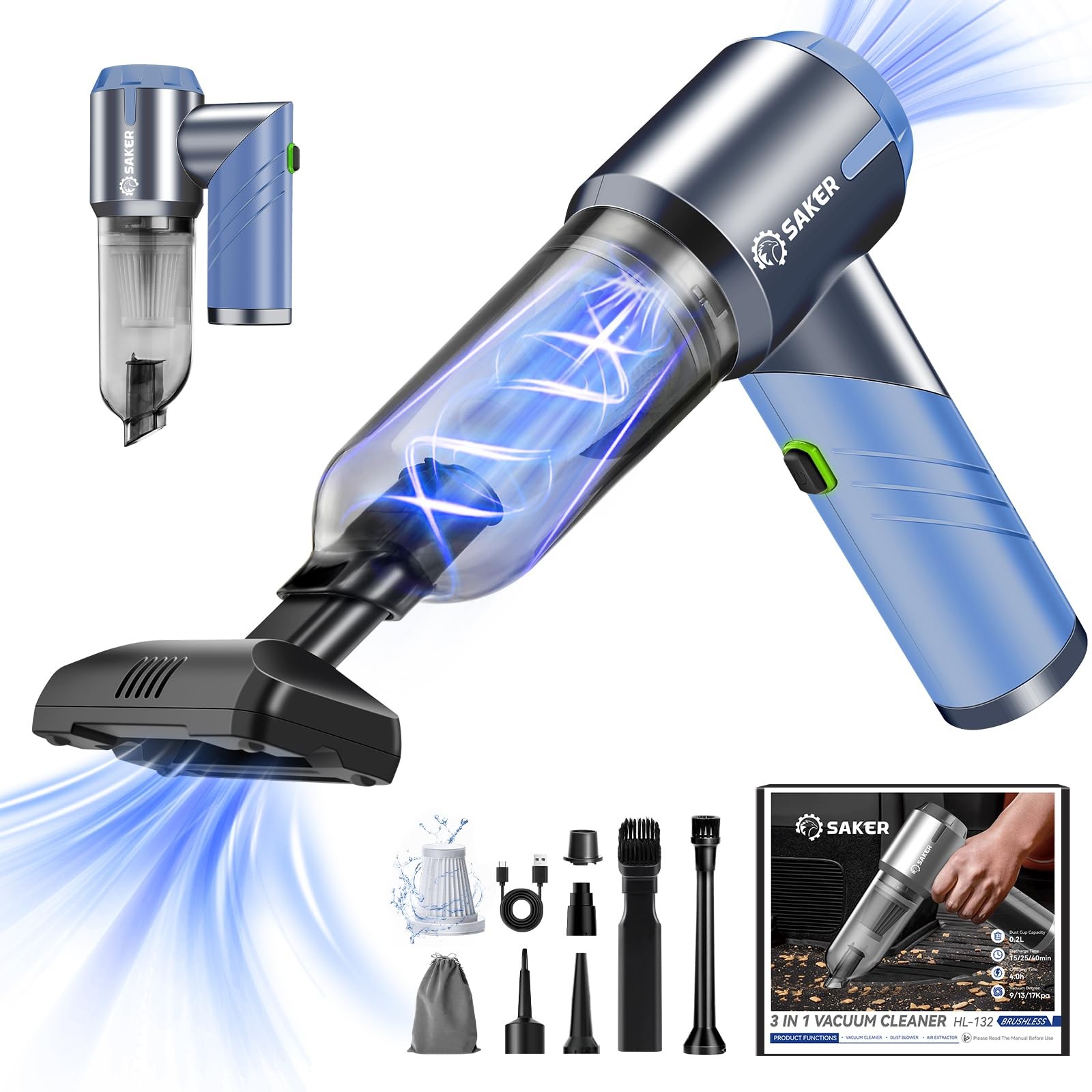 Saker Portable Car Vacuum Cleaner Cordless High Power 17000PA 3 in 1 Blue 