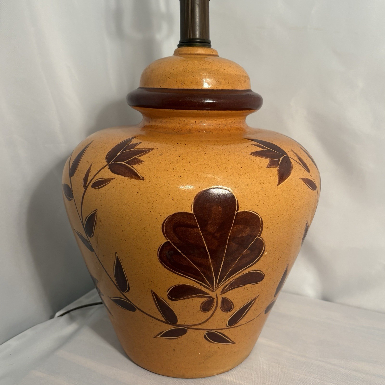 Vintage Ceramic Lamp Art Pottery Stoneware Mid Century Orange Floral Rustic Chic